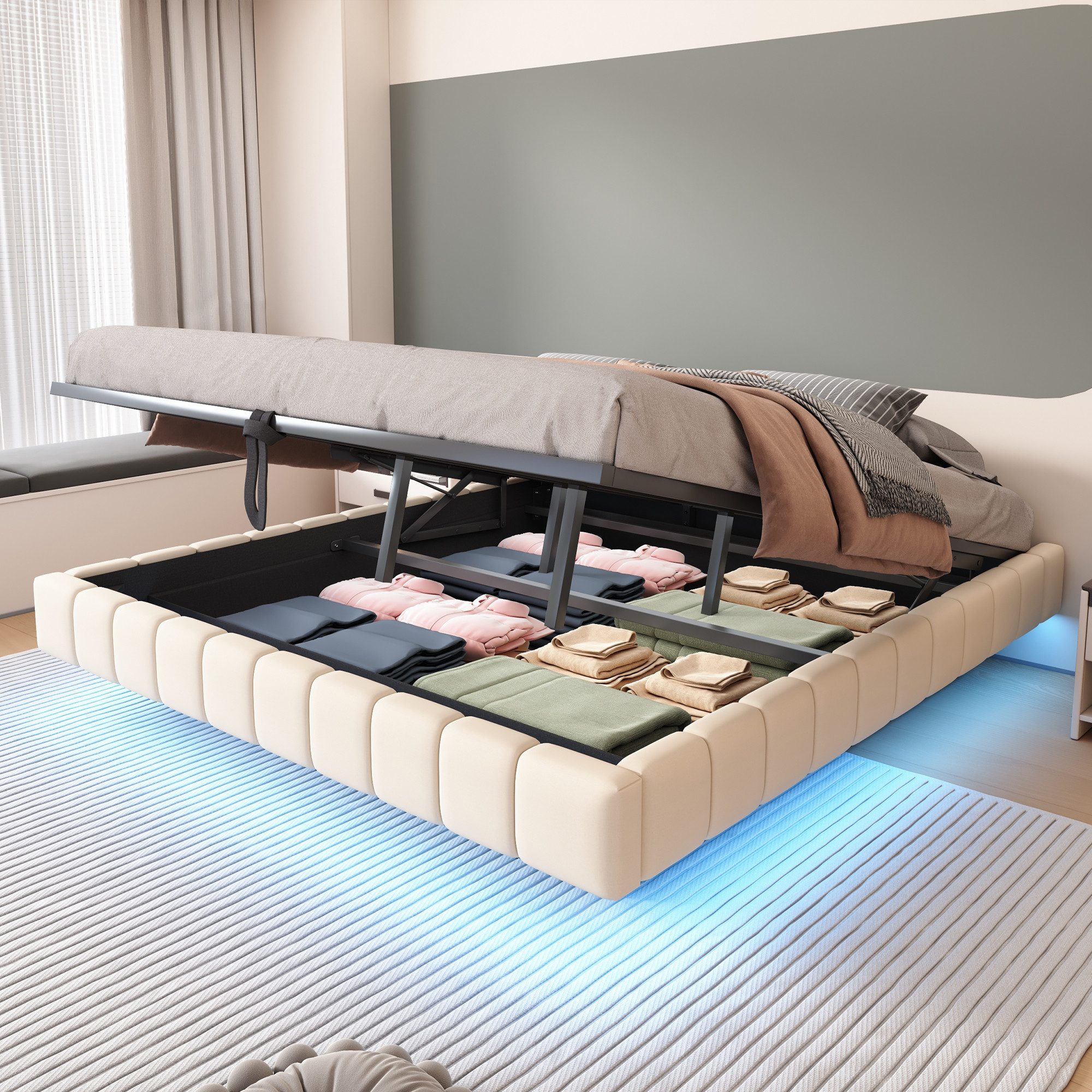 OKWISH Polsterbett Kinderbett Stauraumbett (mit Stauraum und LED-Beleuchtung, ohne Kopfteil, Luftdruck-Lagersystem, Robuster Metallrahmen für 250 kg Belastbarkeit, 180x200cm), mit Matratze