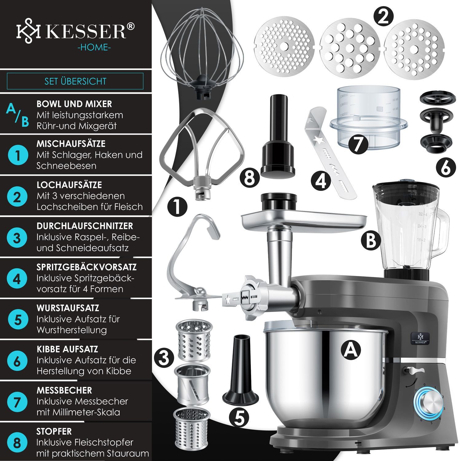KESSER Küchenmaschine, Universal Küchenmaschine K-KM 3000 mit Fleischwolf Knetmaschine 5,5L