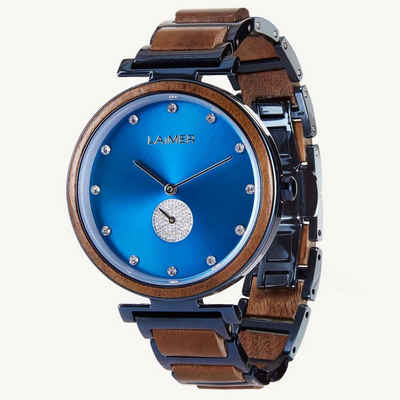 LAiMER Quarzuhr 0154 Miriam, Damen Walnuss-Holz Armbanduhr Blau mit Swarovski Kristallen