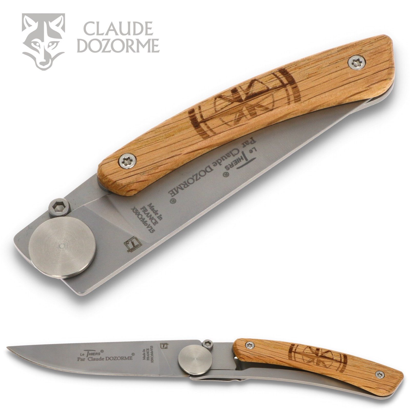 Claude Dozorme Taschenmesser 1.90.142.46BO, Le Thiers "Kompass" - Griff 10cm Eiche - LinerLock - Clip - Stahl matt