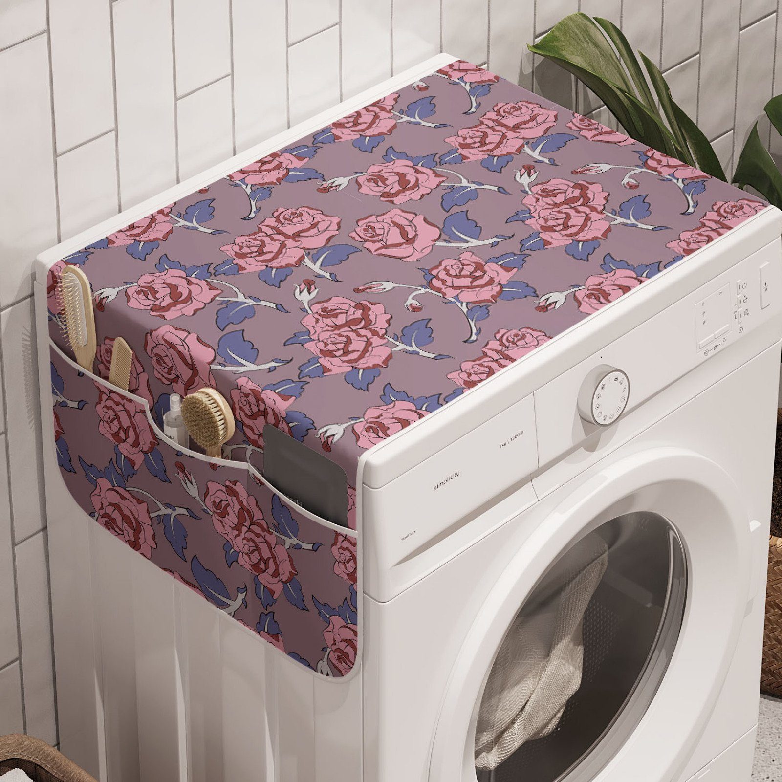 Abakuhaus Badorganizer Anti-Rutsch-Stoffabdeckung für Waschmaschine und Trockner, Botanisch Blüten und Knospen Muster