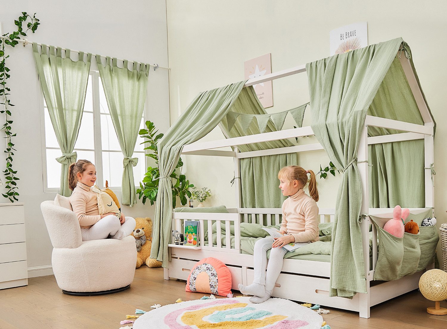 Hausbett CLOUD aus Buche FSC® 100% zertifiziert SET mit DEKO und VORHANG