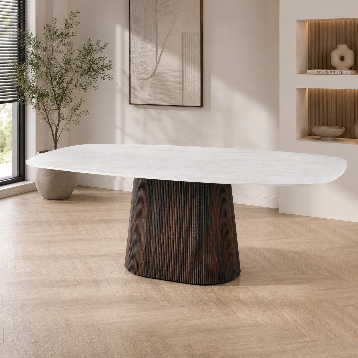 Maison ESTO Esstisch Esszimmertisch TAVERO 215 x 105 cm Keramik Taj Mahal Optik oval, Tischplatte aus hochwertiger Keramik