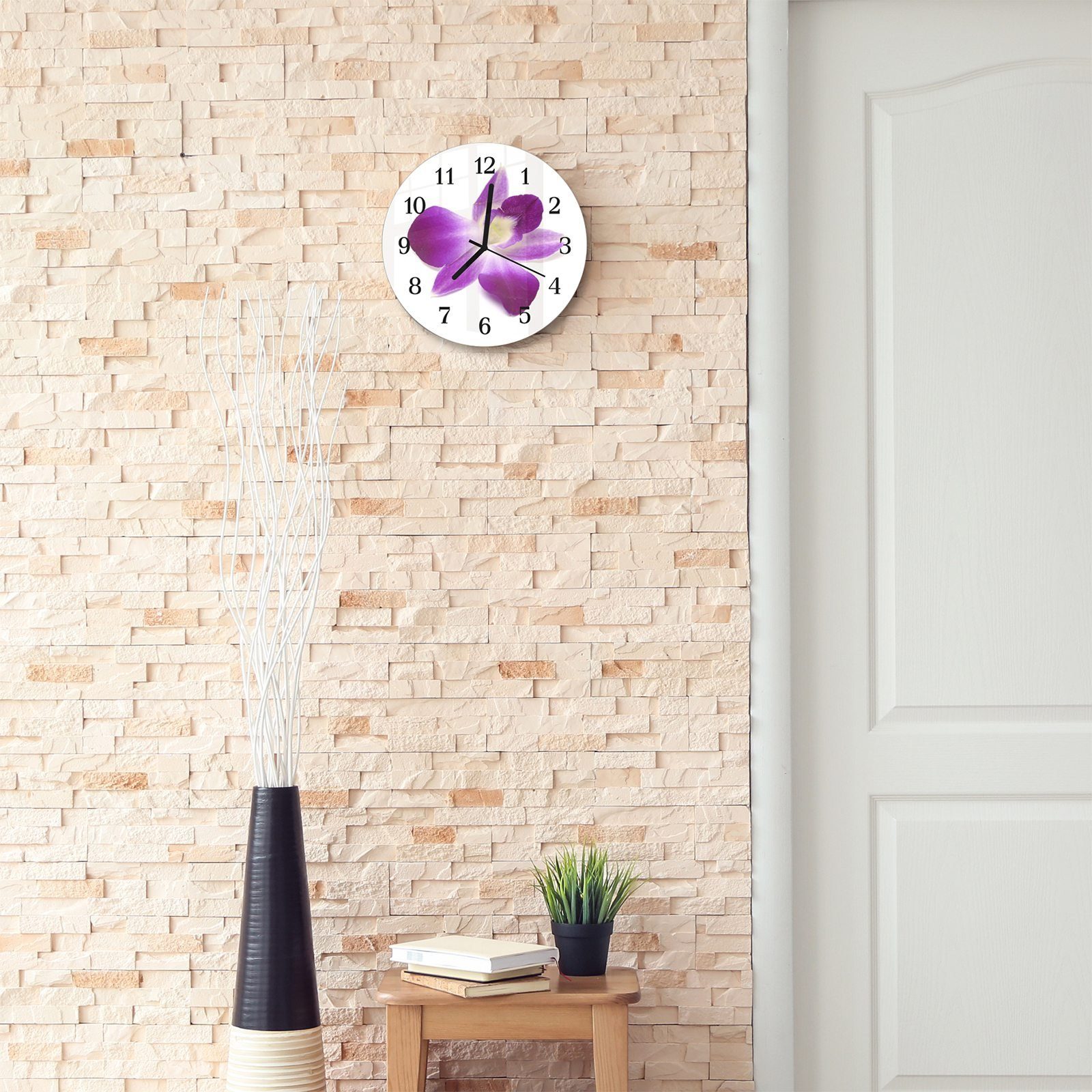 Primedeco Wanduhr Wanduhr aus Glas Quarzuhrwerk cm 30 Rund mit mit und Durchmesser Motiv Orchideenblüte 