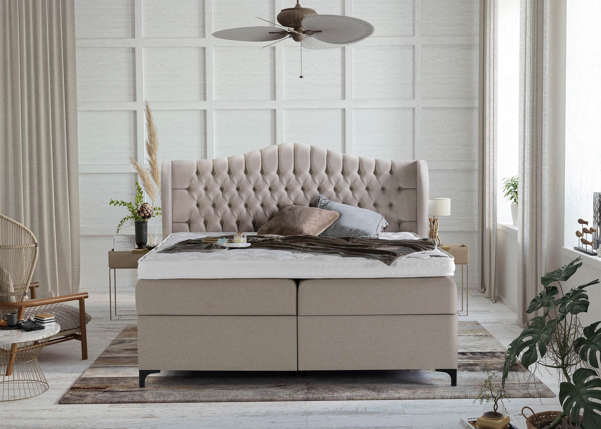 BettCo Stauraumbett Boxspringbett mit Bettkasten Maison (in Beige Webstoff, günstig online kaufen