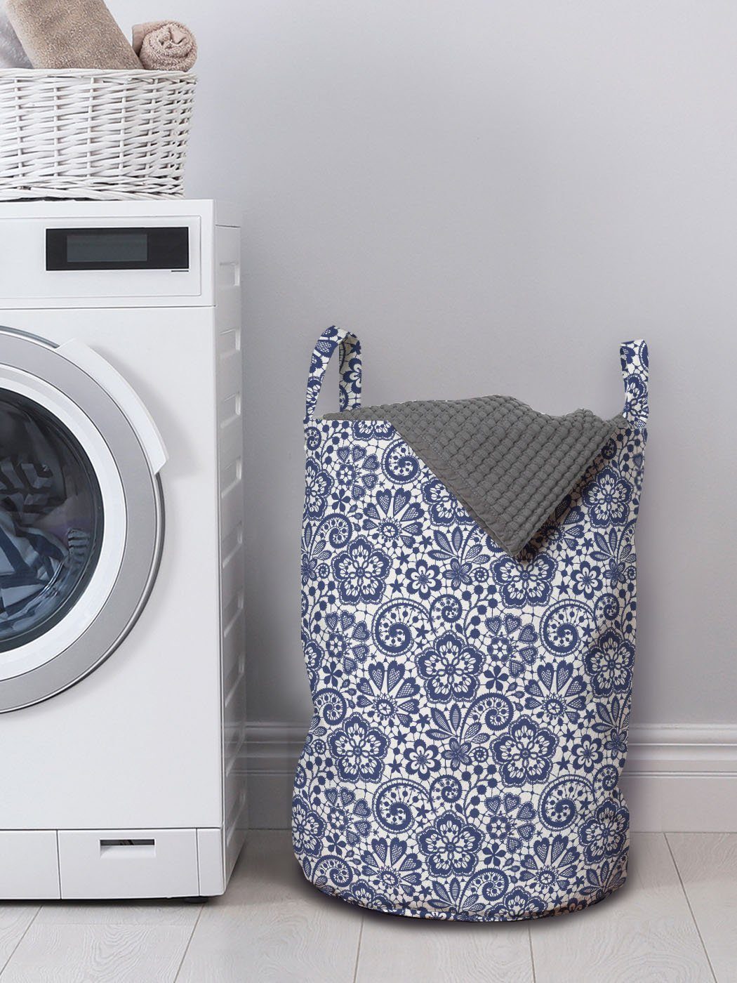 Waschsalons, mit Wäschekorb für Wäschesäckchen Kordelzugverschluss Spitze-Art-Motive Griffen Abakuhaus viktorianisch