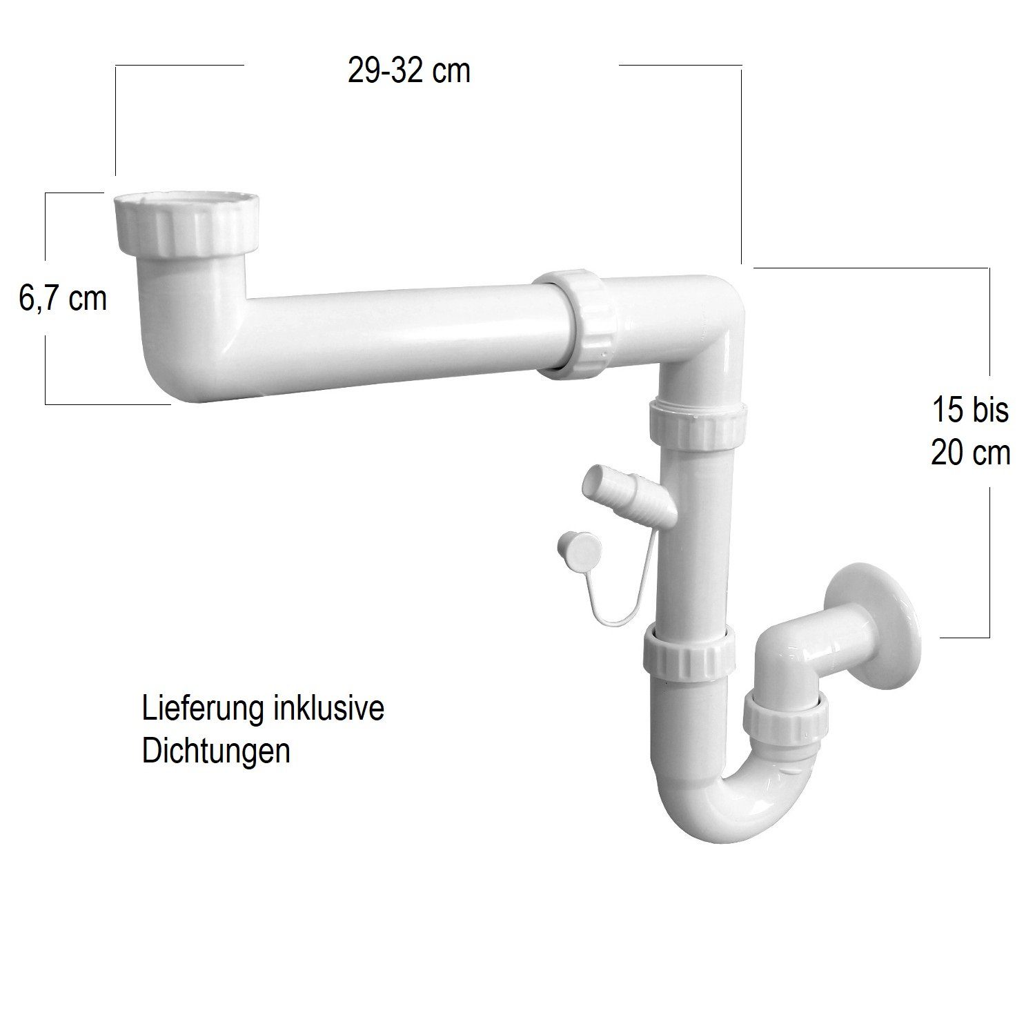 Sanixa Siphon weiß Kunststoff Ablauf Wachbecken Spülbecken, (Anschluss für Spülmaschine Waschmaschine), Raumsparsiphon mit Geräteanschluss weiß