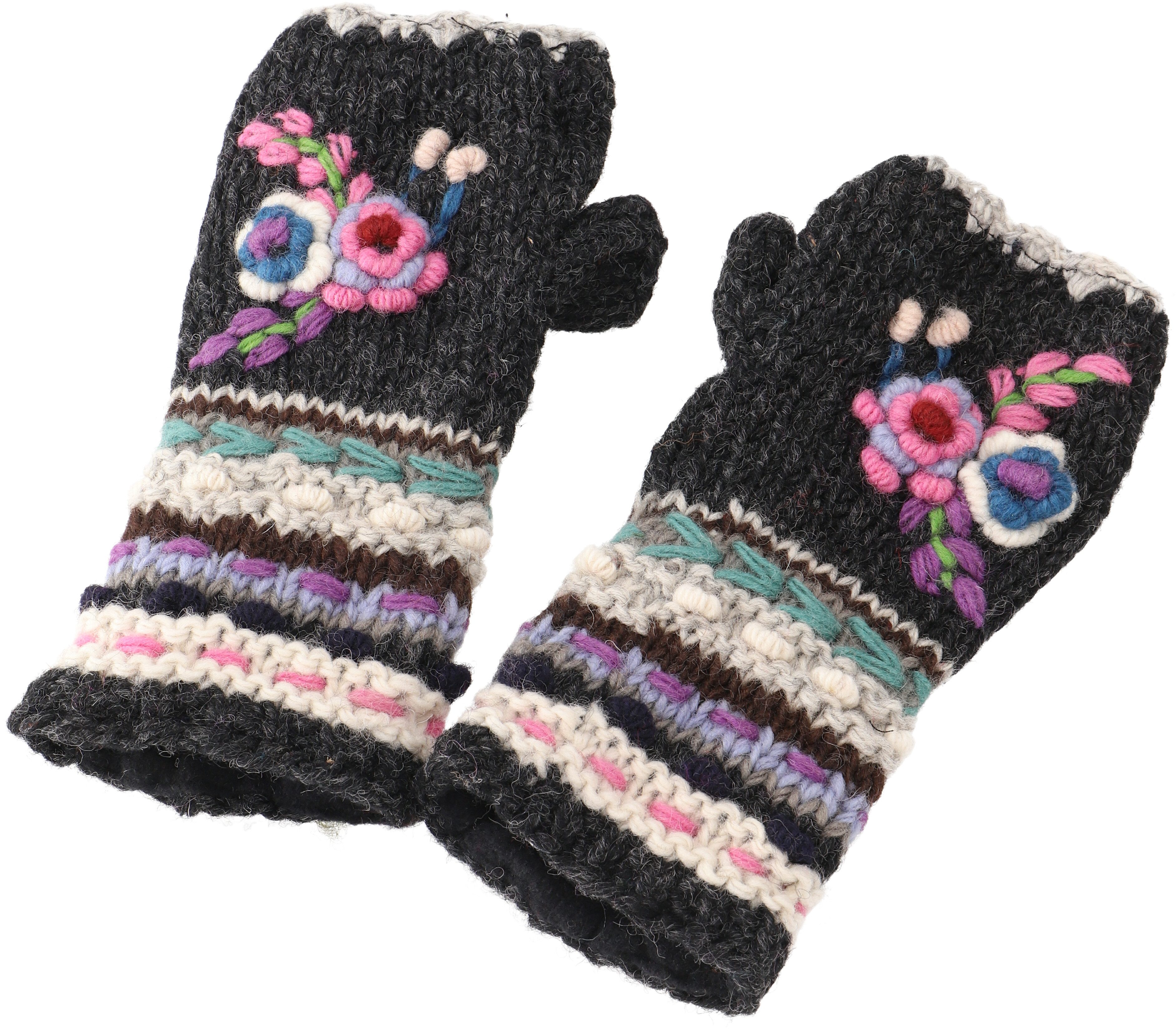 Guru-Shop Strickhandschuhe Handstulpen aus Wolle mit Blume, handgestrickte. günstig online kaufen