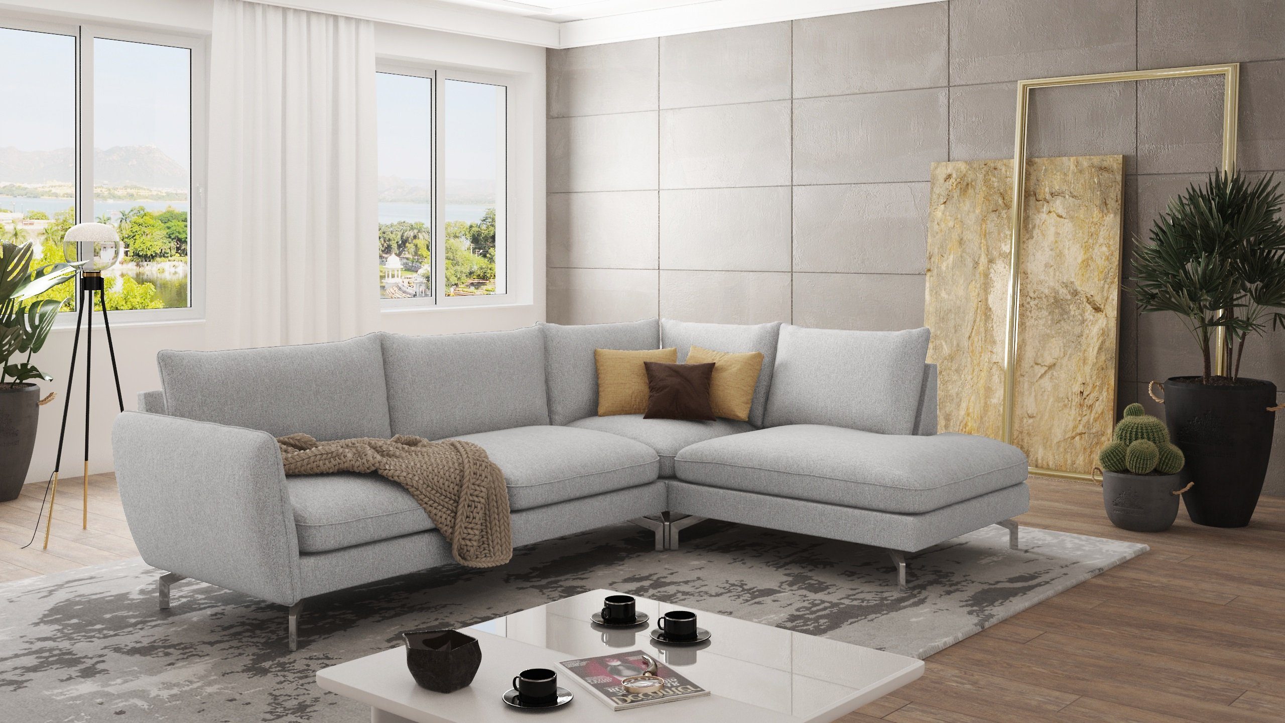 S-Style Möbel Ecksofa Benita mit Silber Metall Füßen, Ottomane links oder rechts bestellbar, mit Wellenfederung