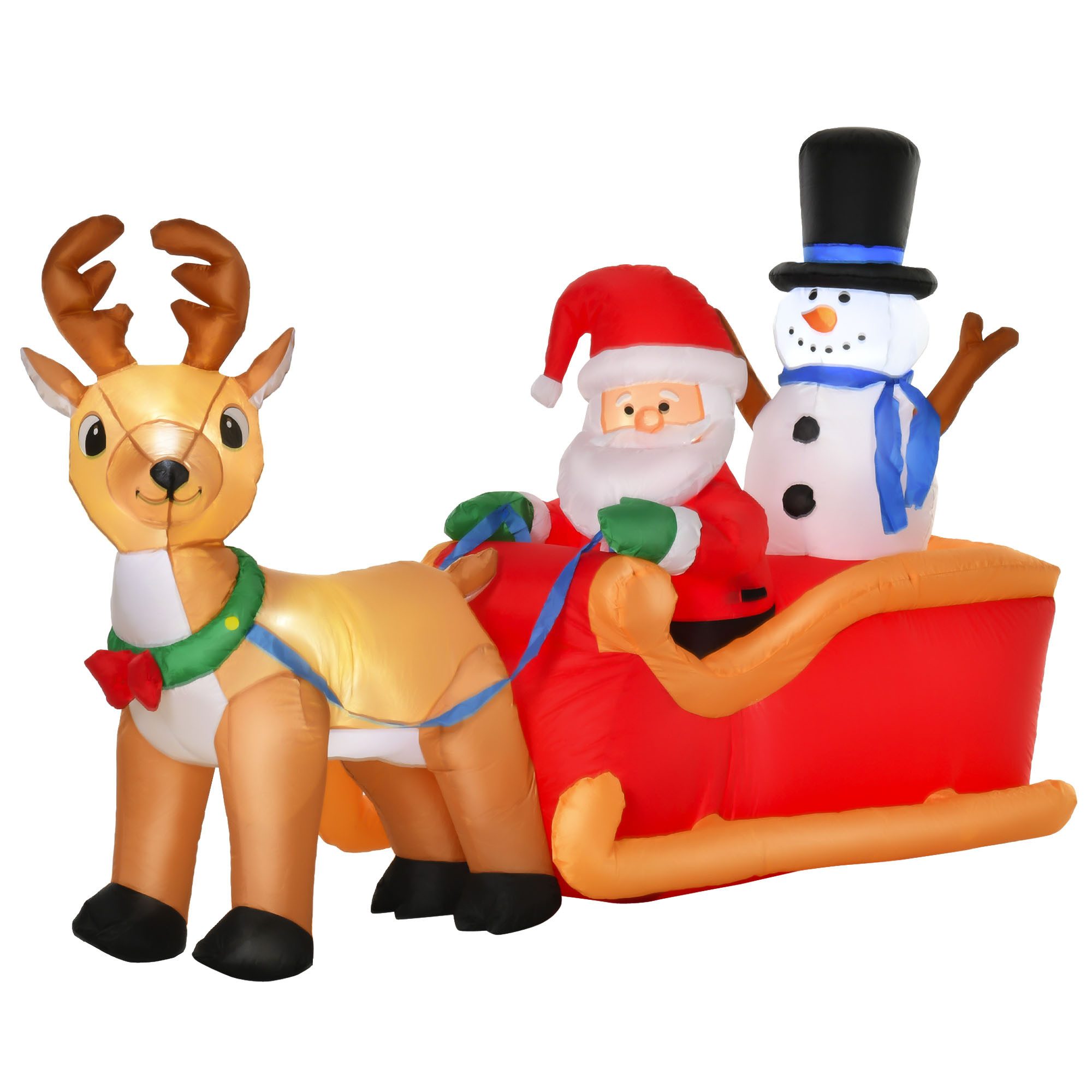 HOMCOM Weihnachtsfigur Weihnachtsmann auf Schlitten mit Schneemann (mit LED, Weihnachtsdekoration), Aufblasbarer Weihnachtsmann auf Schlitten mit Schneemann LED Polyester