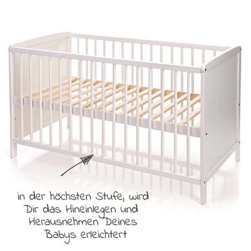 jonka Babybett Sina - Kuschelbär - Weiß, Set inkl. Bettwäsche, Himmel & Matratze 60x120 cm mit Schlupfsprossen