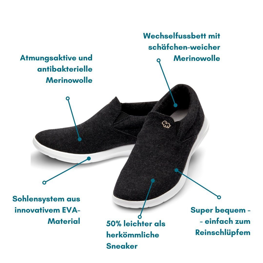 merinos - Eleganter schwarz-weiß Funktion Slip-On & Damenschuh Sneaker aus merinoshoes.de schwarz weißer Atmungsaktiver mit Schuh Merinowolle
