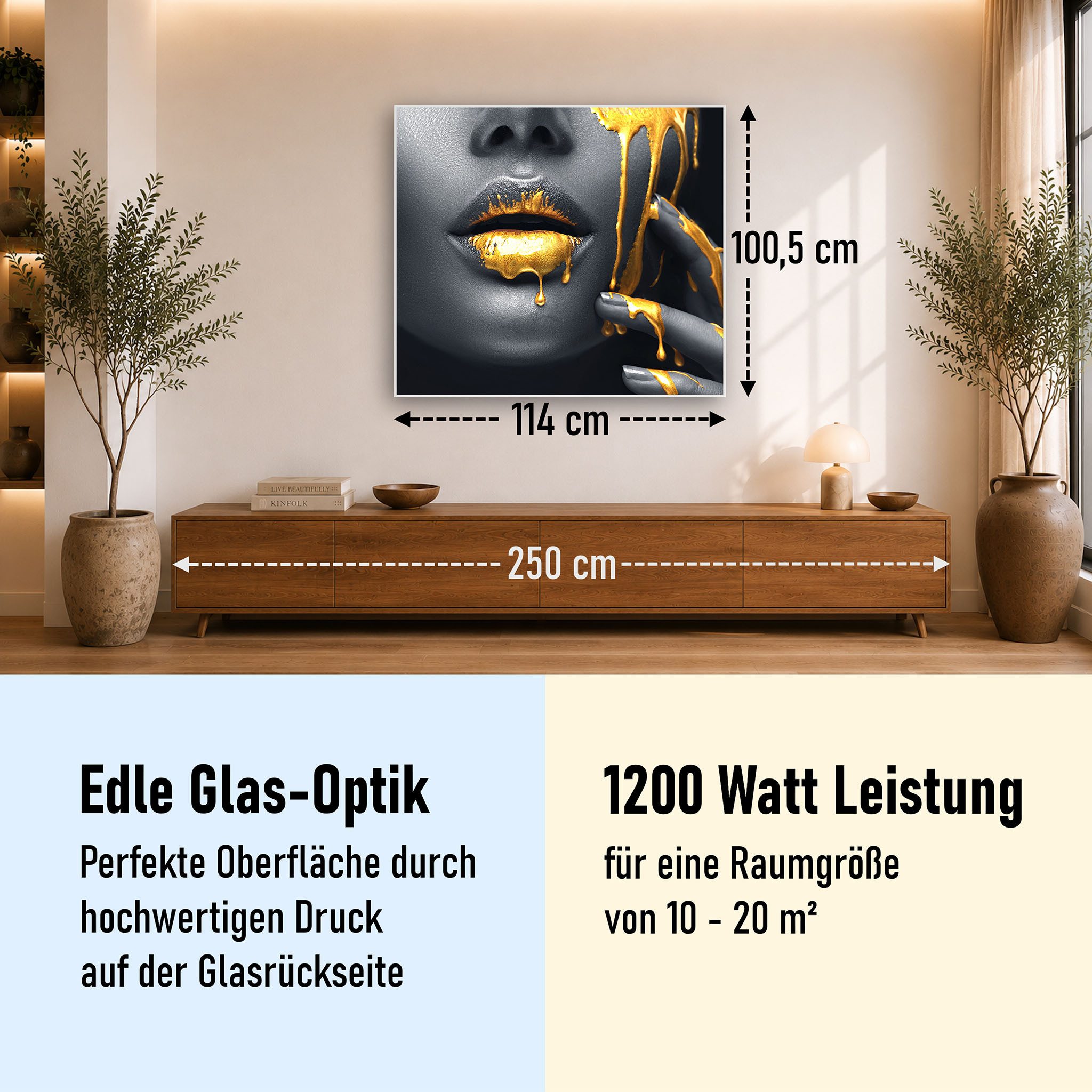 STEINFELD Heizsysteme Infrarotheizung Glas-Bild 1200W, 114x100cm, Made in Germany, 7 Jahre Garantie, mit Thermostat, Silber