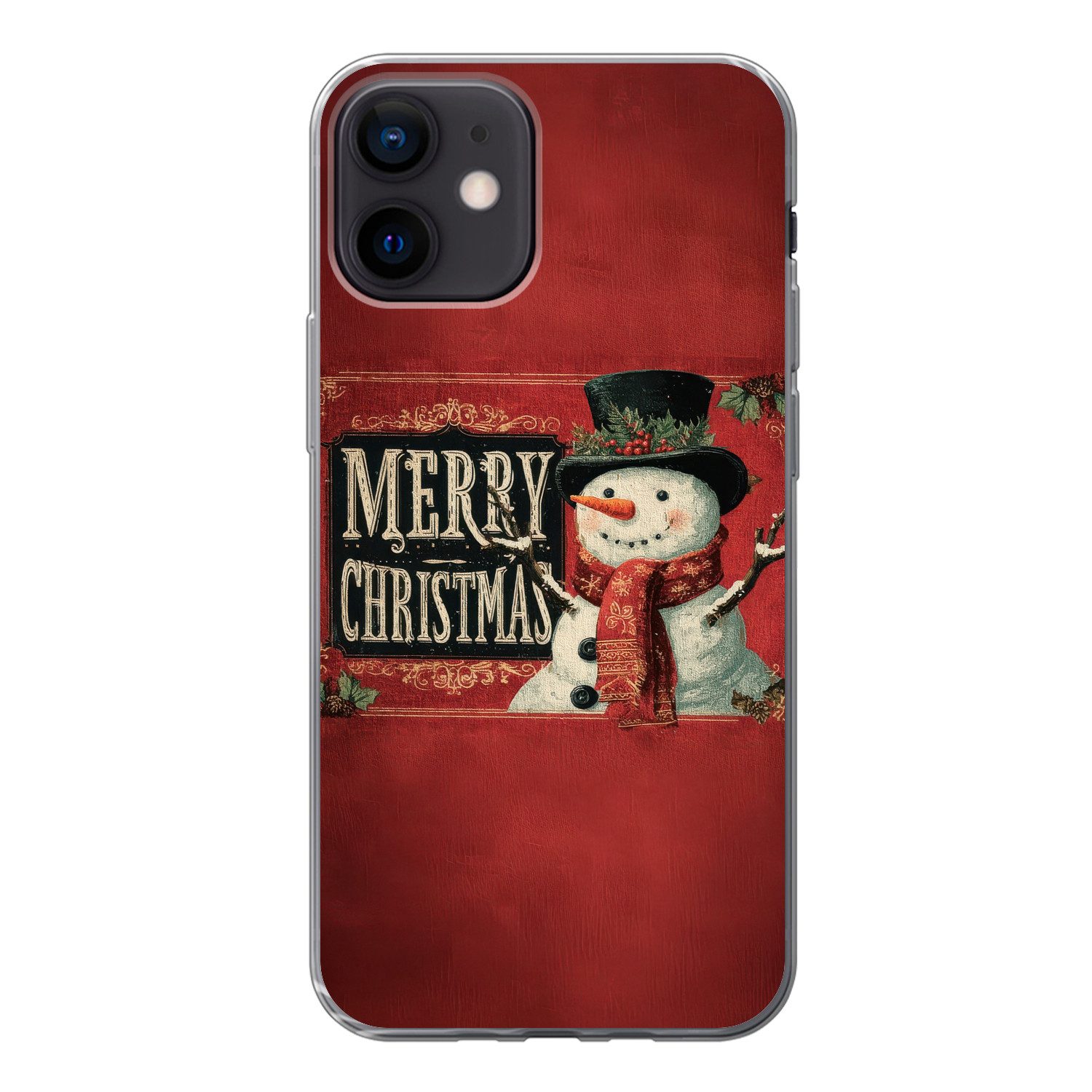 MuchoWow Handyhülle für Apple iPhone 12 Klassisch - Weihnachtsgruß - Schneemann - Rot, Smartphone-Bumper, Print, Handy Schutzhülle Dünn