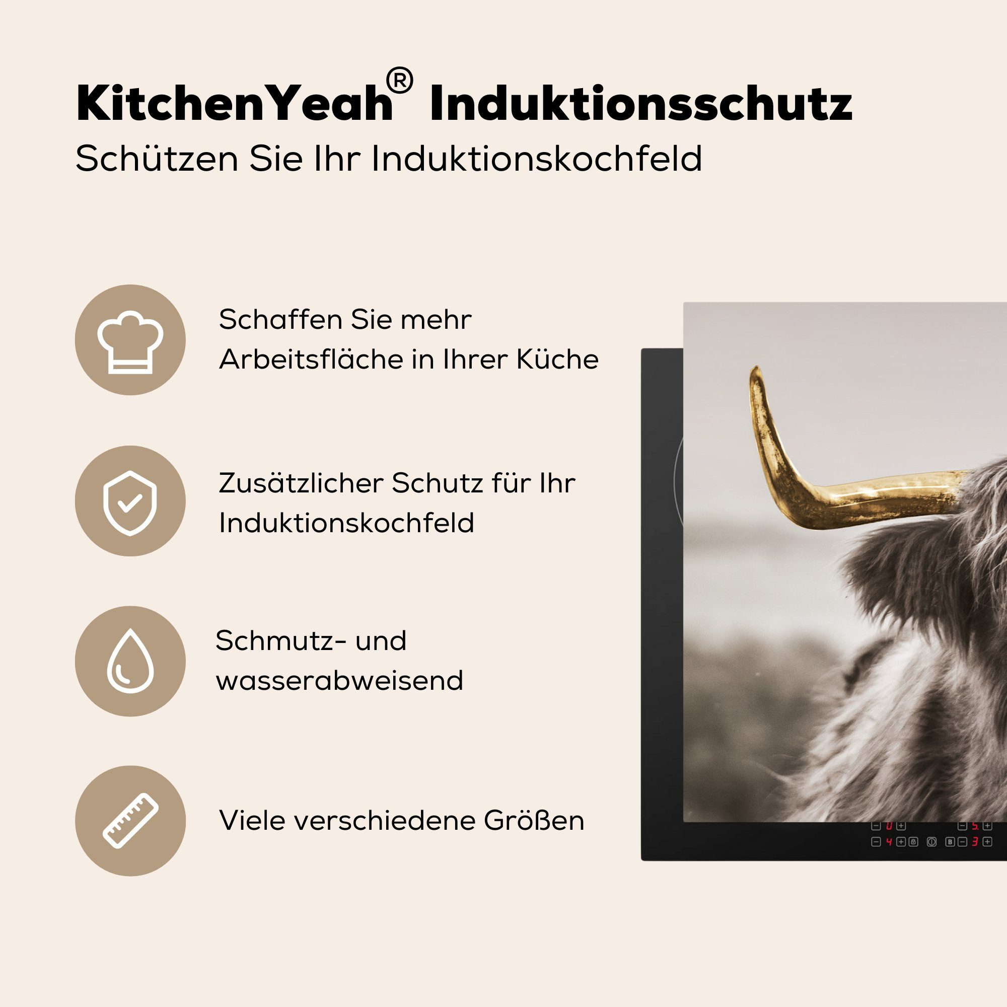 MuchoWow Herdblende-/Abdeckplatte Schottischer Highlander Vinyl, Induktionskochfeld - - die 81x52 - küche, für Schwarz (1 Ceranfeldabdeckung cm, Gold tlg), Weiß, Schutz