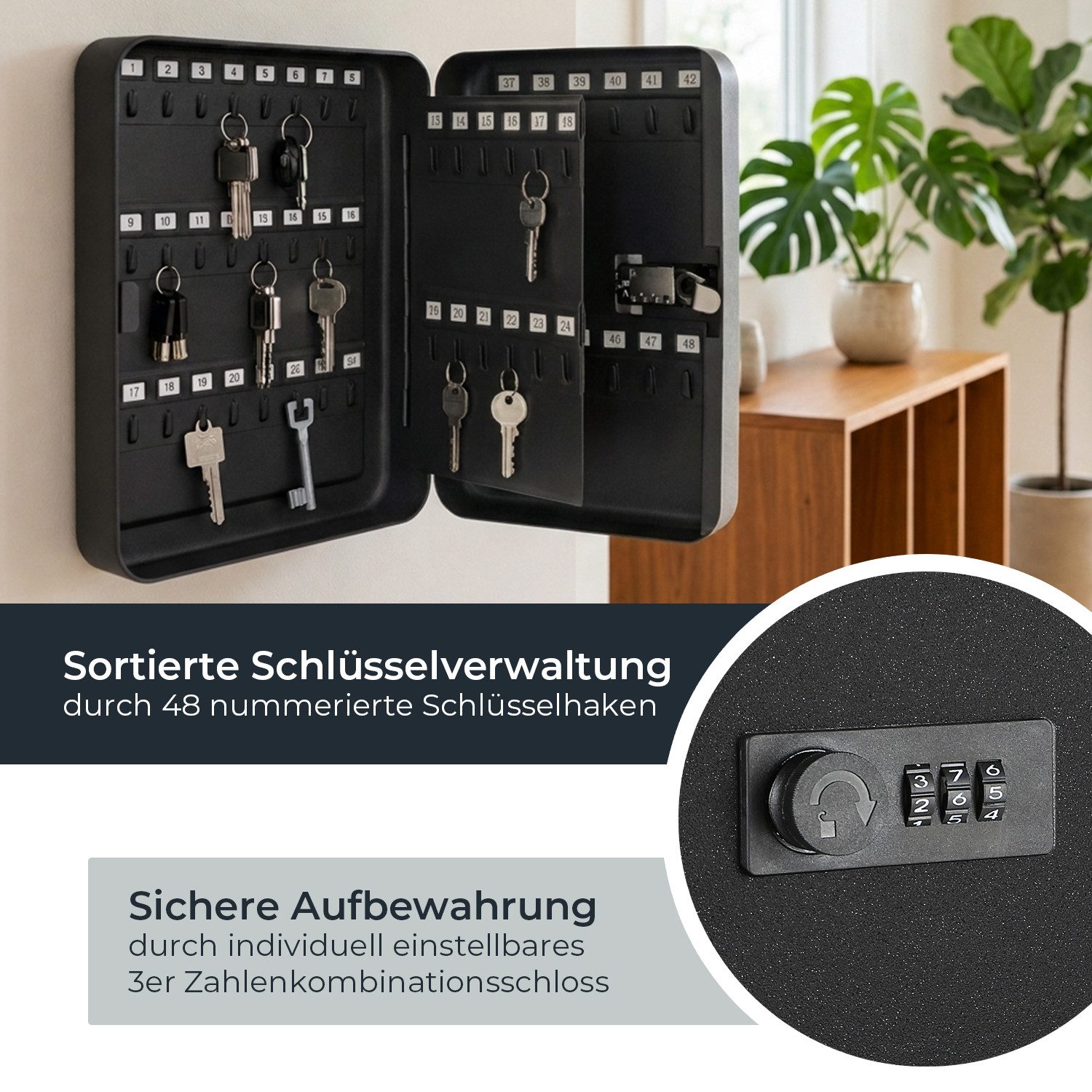 HMF Schlüsselkasten Schlüsselkasten mit 3er Zahlencode, 8 feste, nummerierte Hakenleisten, Schlüsselkasten 25 x 18 x 7 cm, Schwarz