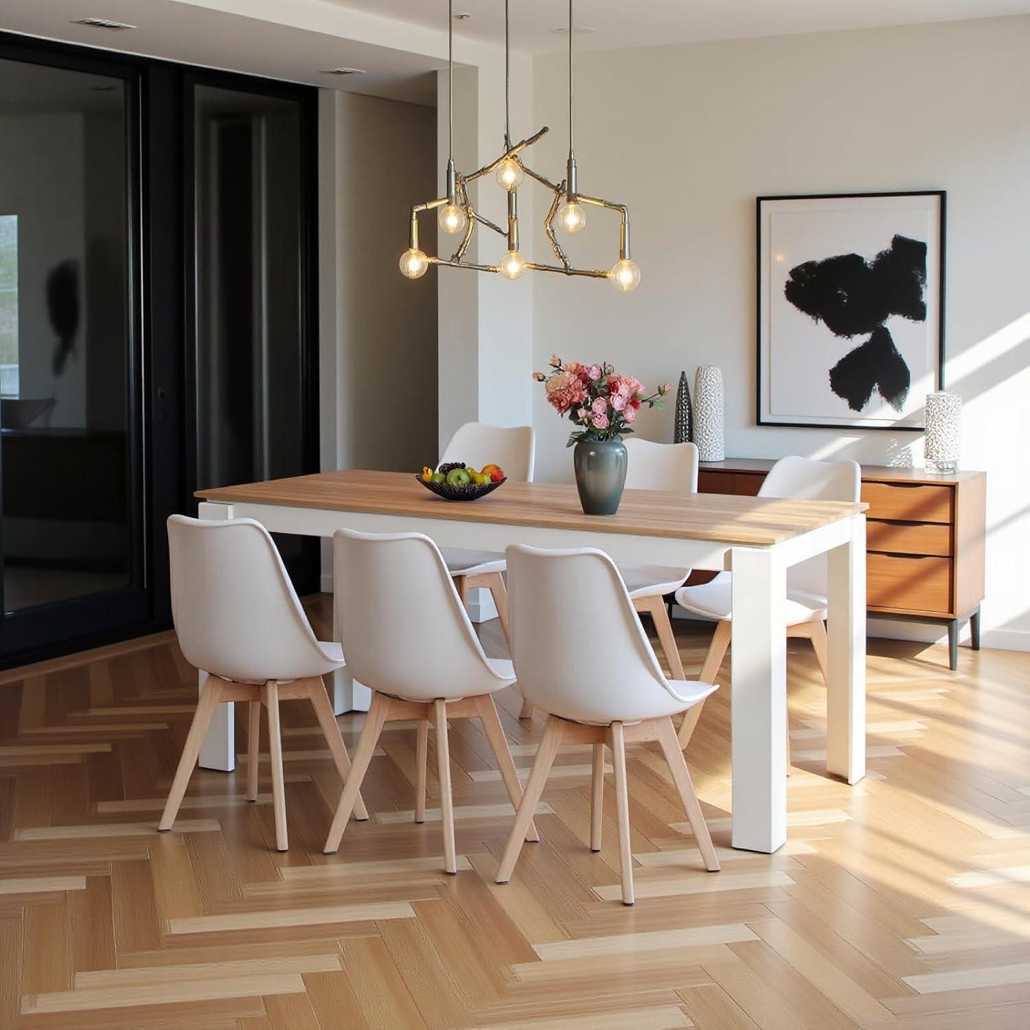 LuxusKollektion Essgruppe Esstisch Essgruppe 6 160CM-Eiche-Weiß Tischbein Tisch 6 Weiß Stühle – Bild 2 von 5