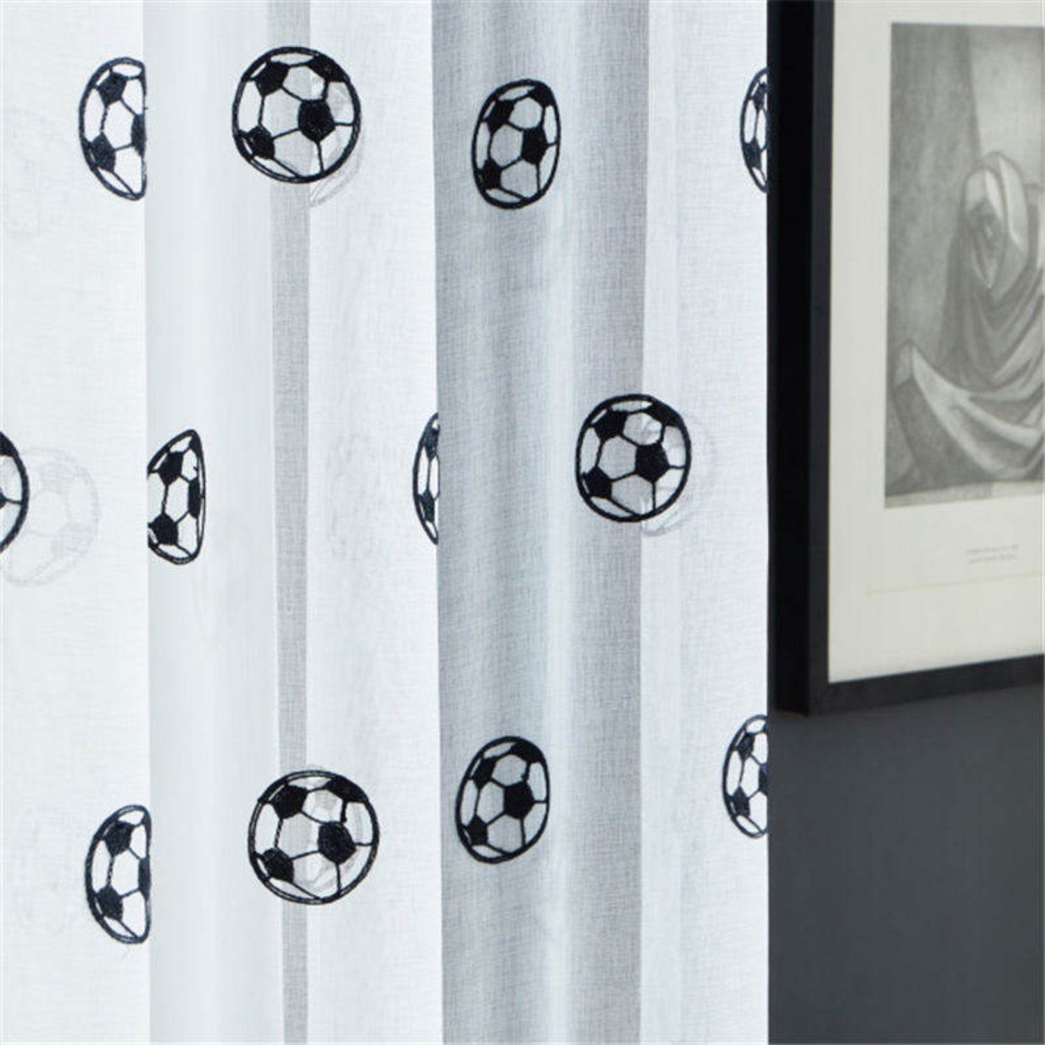 Fußballmuster Schwarz Polyester, halbtransparent, (2 St), HOMEIDEAS, Gardine, Ösen