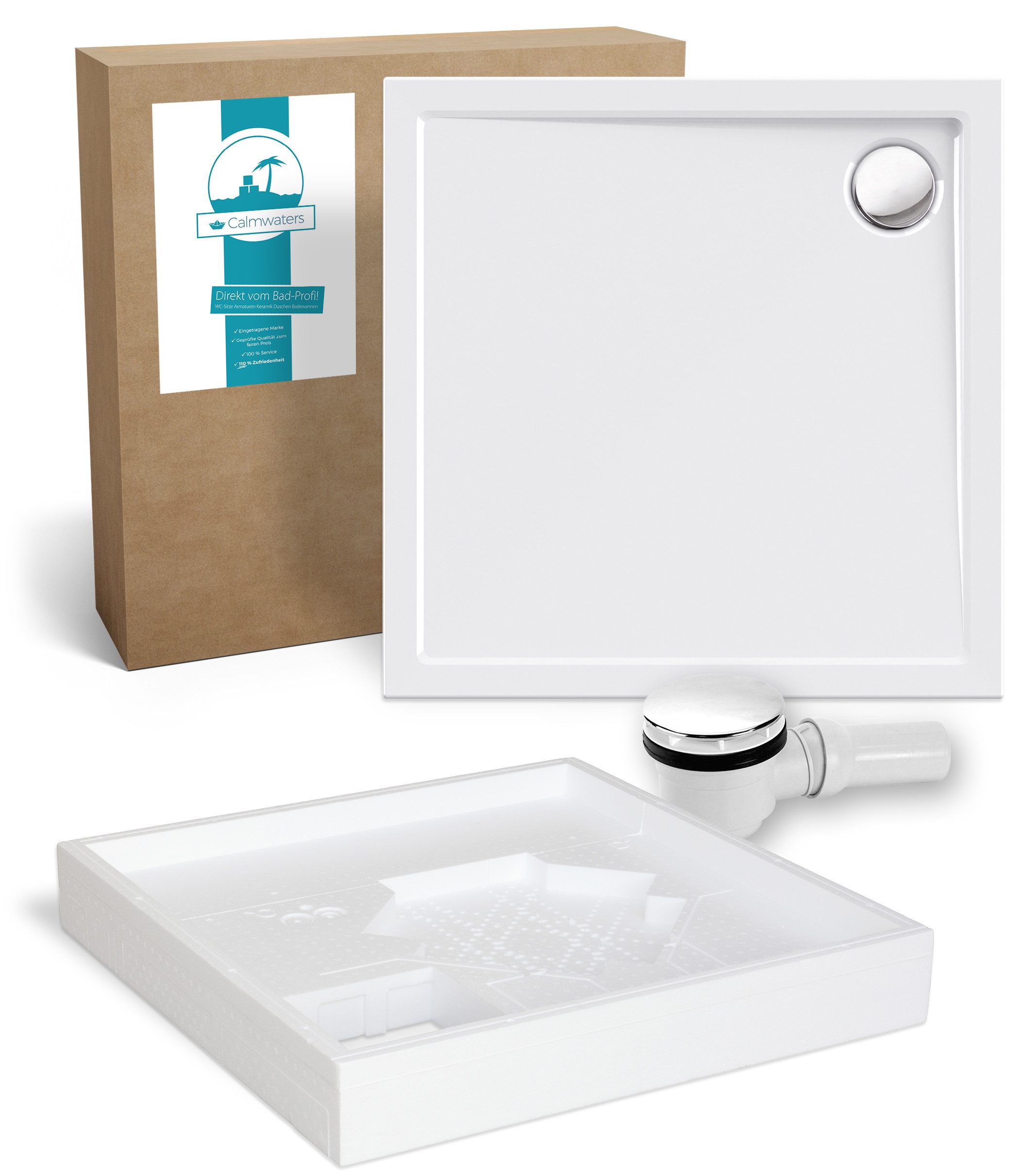 Calmwaters Duschwanne Modern Select, quadratisch, Acryl, 3-St., Komplettset Dusche, Wannenträger, Ablaufgarnitur, 80 x 80 x 2,5 cm, Weiß, 99000119