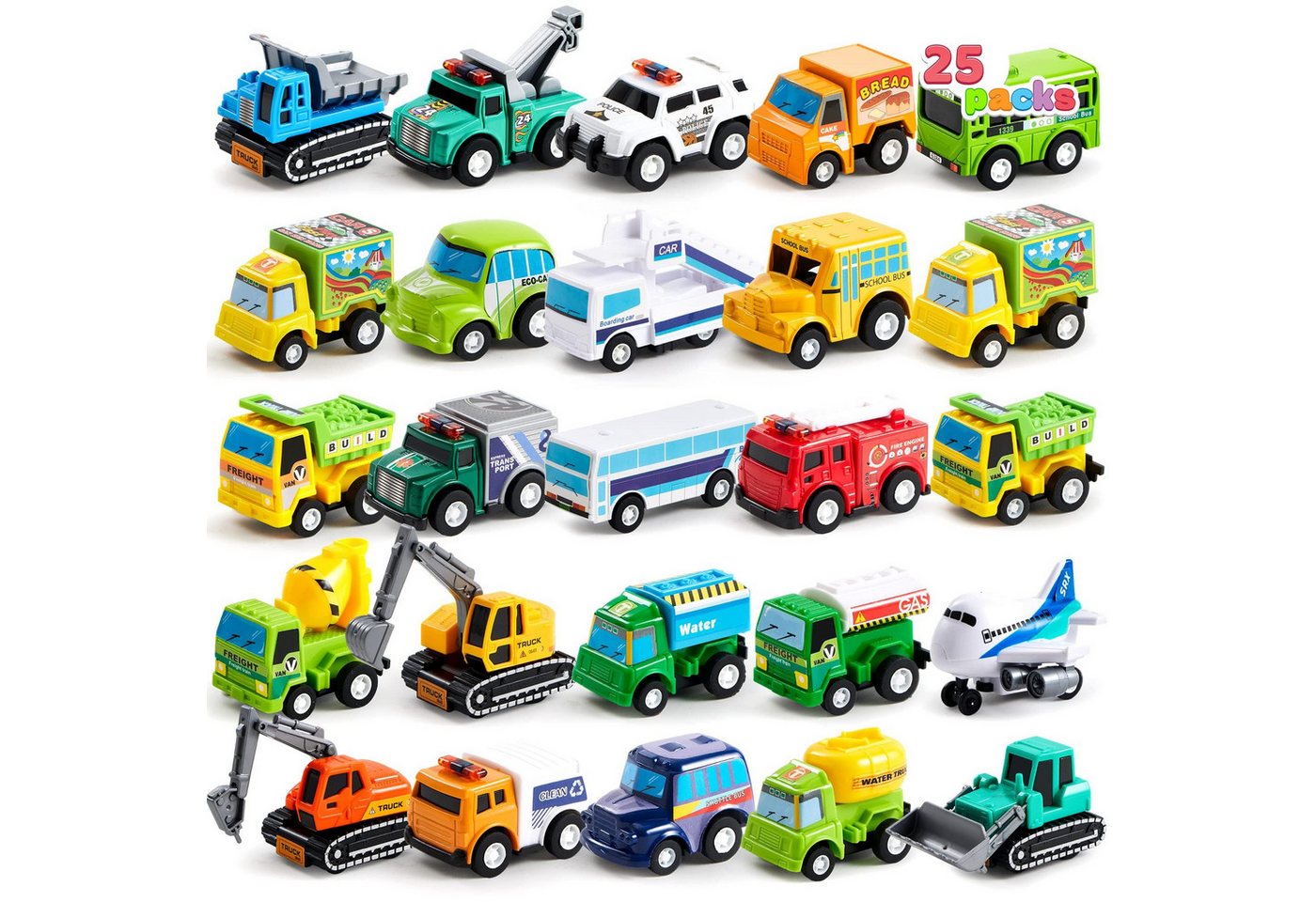 JOYIN Spielzeug-Auto JOYIN 25 Stück Zurückziehen Stadtautos und Lastwagen Spielzeugfahrzeug, (25-tlg)