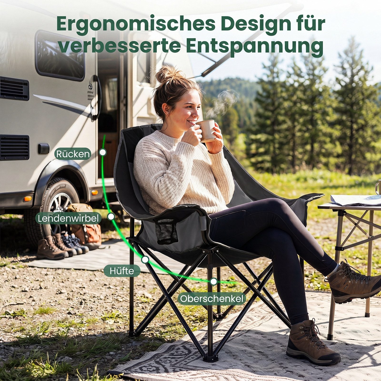 COSTWAY Campingstuhl, Mit Sitzpolster, Getränkehalter & Aufbewahrungstasche