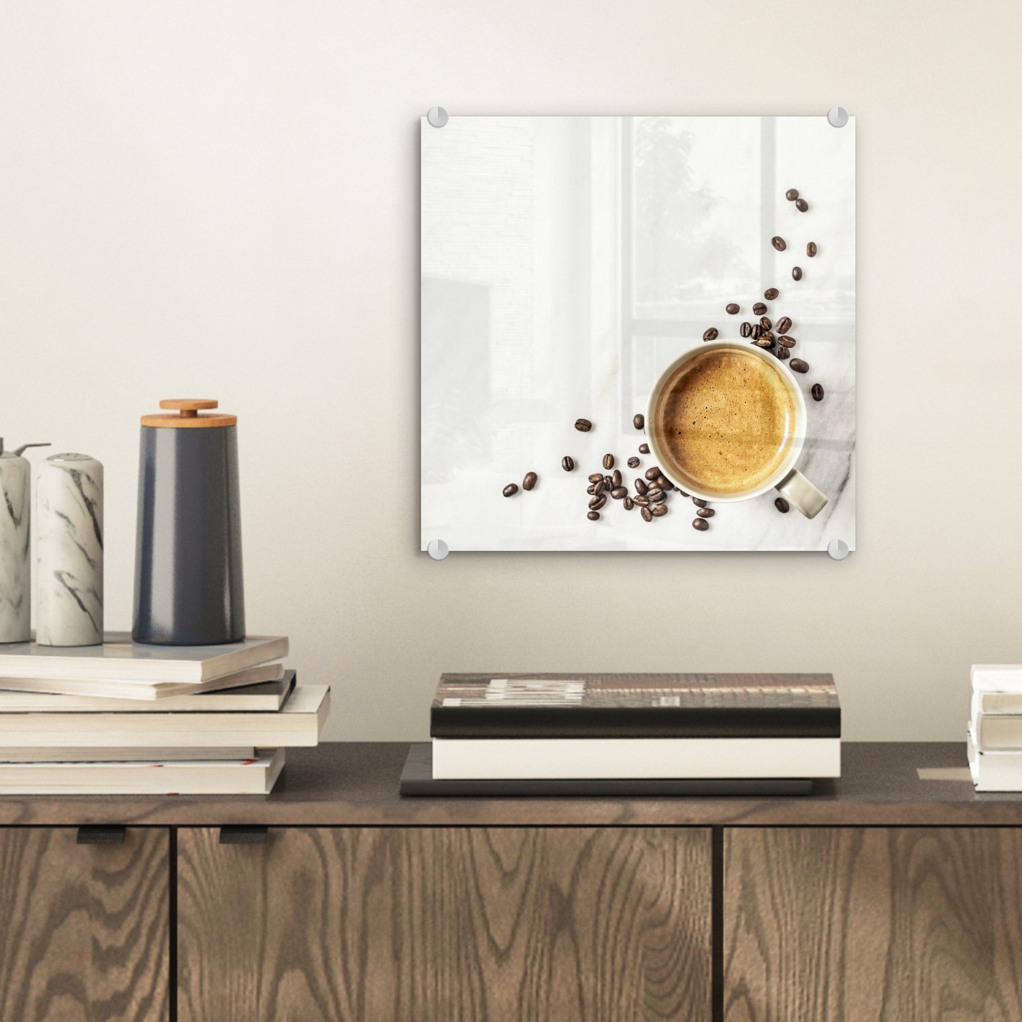Foto Eine MuchoWow Glasbilder Kaffeebohnen - Bilder auf auf und Tasse - Kaffee marmoriertem, St), weißem, (1 Acrylglasbild Wanddekoration auf Glas Wandbild Glas -