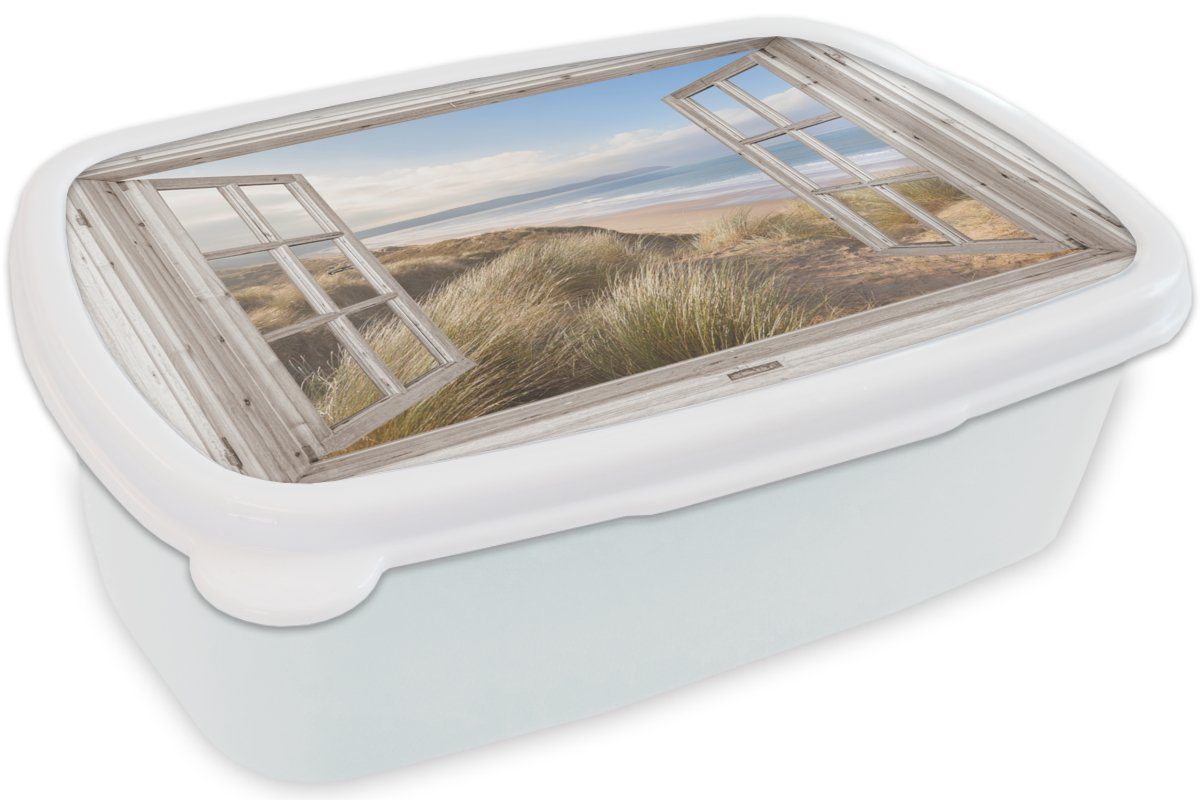 MuchoWow Lunchbox Durchblick - Strand - Erwachsene, Mädchen Brotdose, - Strandgras für - Jungs (2-tlg), weiß - Kinder und Kunststoff, Meer Blau, - und Brotbox Dünen für Sand