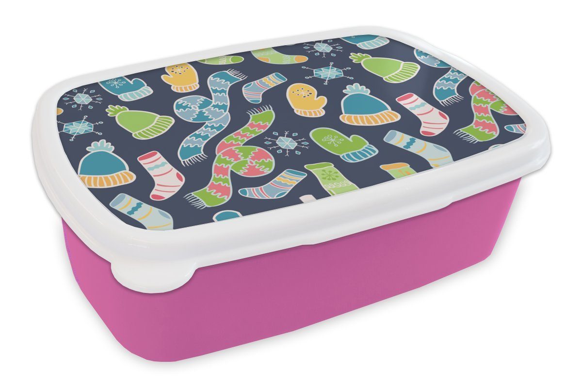 MuchoWow Lunchbox Schal - Handschuhe - Mütze - Regenbogen - Winter - Schnittmuster, Kunststoff, (2-tlg), Brotbox für Erwachsene, Brotdose Kinder, Snackbox, Mädchen, Kunststoff rosa