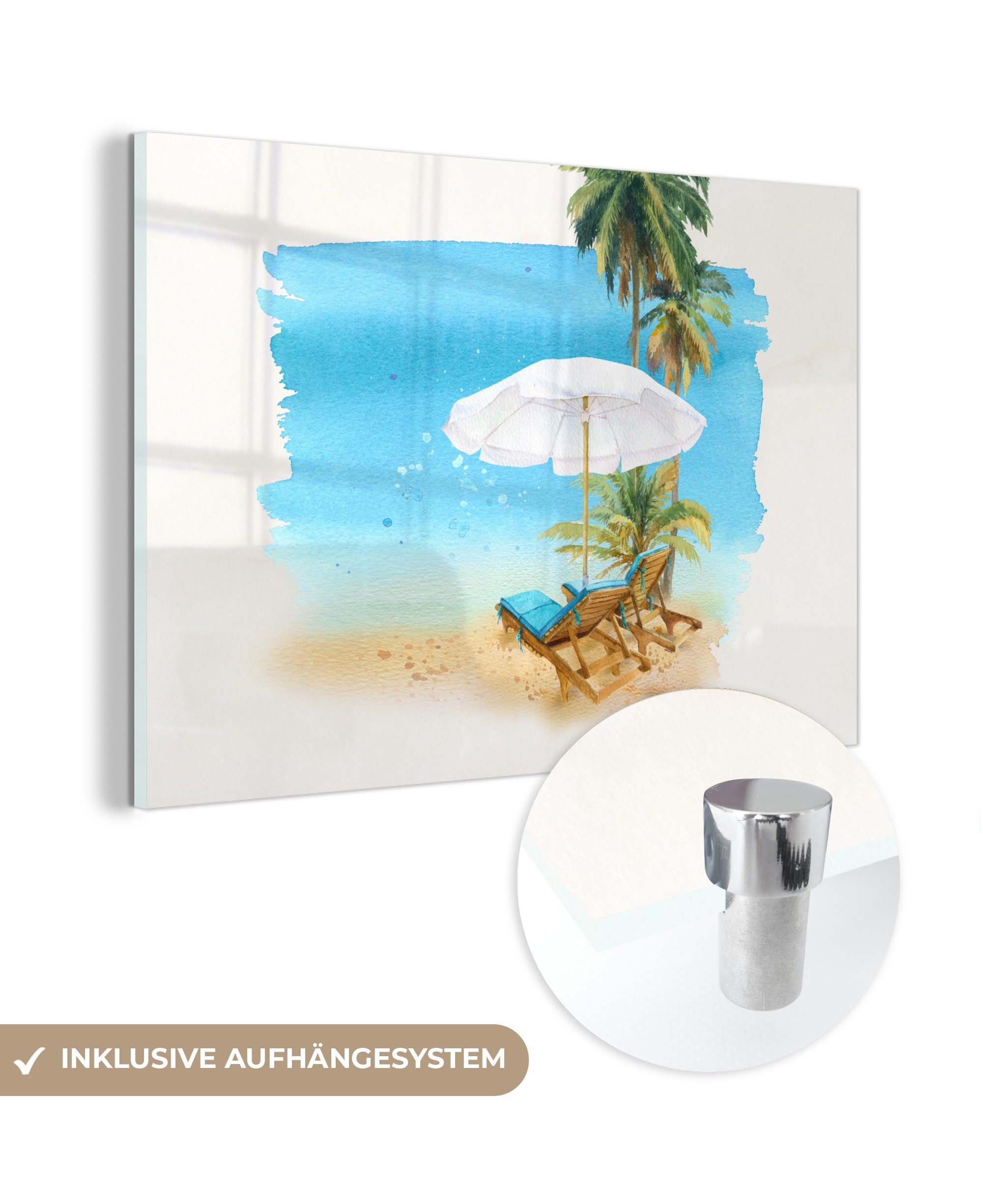 Acrylglasbild Acrylglasbilder Strandkorb - (1 - St), MuchoWow Sonnenschirm Schlafzimmer Wohnzimmer & Wasserfarben, - Palmen