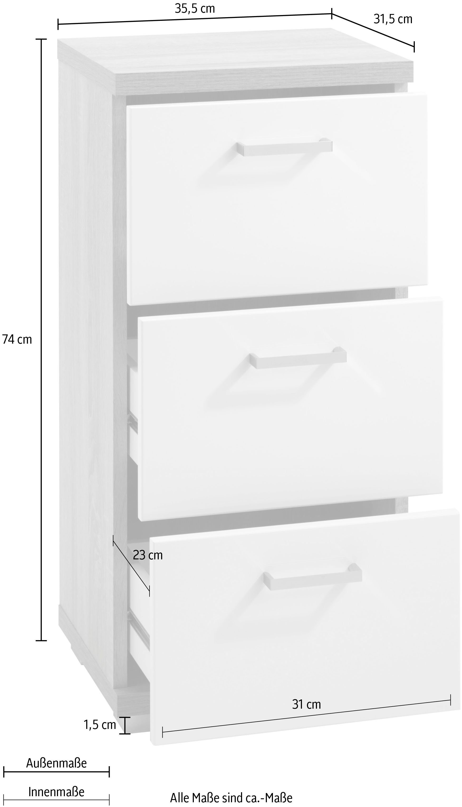 byLIVING Badkommode Nebraska, Breite 35 cm, Badezimmerschrank mit Metallgriffen, 3 Schubladen