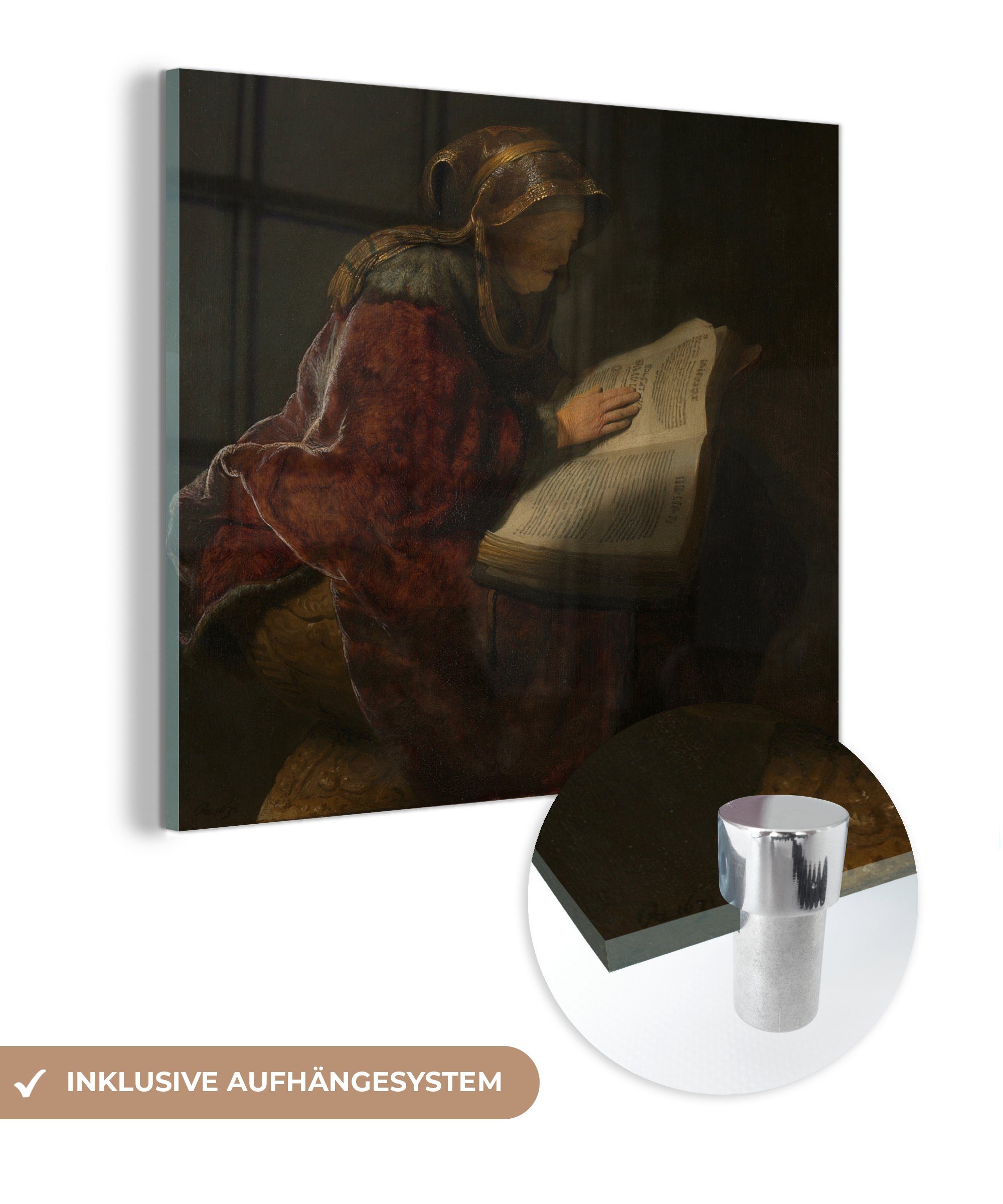 MuchoWow Acrylglasbild Alte Frau liest Prophetin Hanna - Rembrandt van Rijn, (1 St), Glasbilder - Bilder auf Glas Wandbild - Foto auf Glas - Wanddekoration
