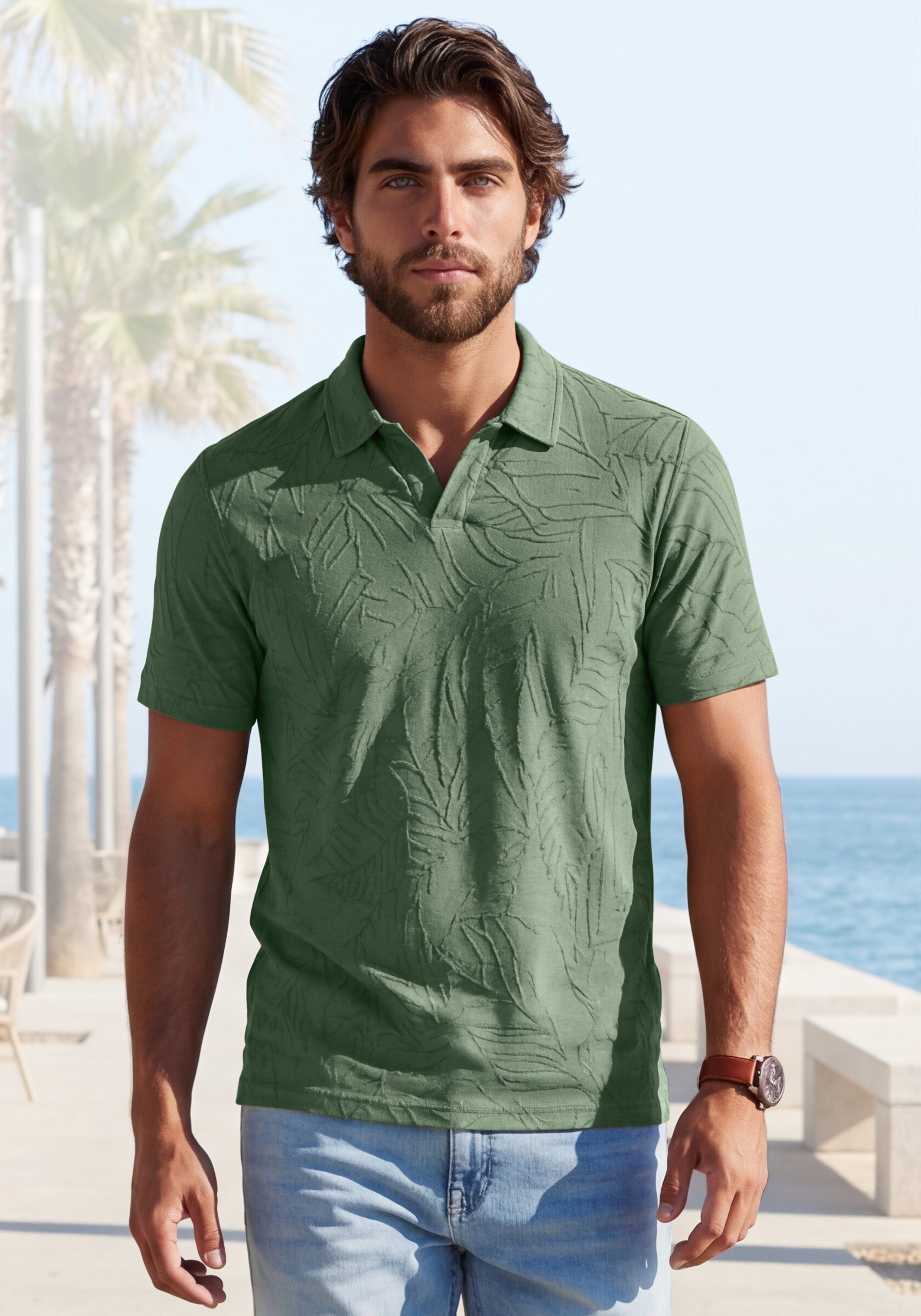 Poloshirt, sommerliches T-Shirt mit modischen Blätter-Design