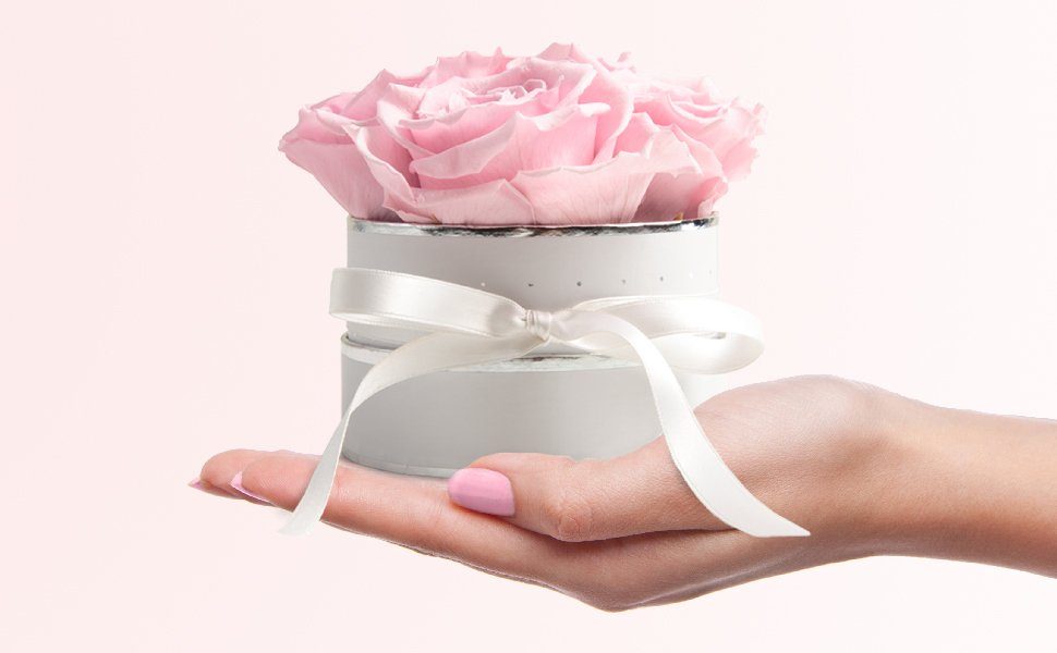 Kunstblume Rosenbox weiß rund 4 Infinity Rosen inklusiv Geschenkbox Rose, ROSEMARIE SCHULZ Heidelberg, Höhe 10 cm, echte Rosen haltbar 3 Jahre, Made in Germany