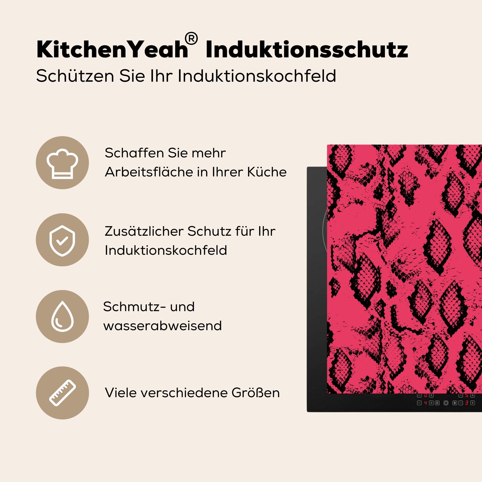 Induktionskochfeld - Schwarz, Schlangendruck küche, für Vinyl, Schutz 81x52 (1 MuchoWow Herdblende-/Abdeckplatte cm, Ceranfeldabdeckung tlg), Rosa - die