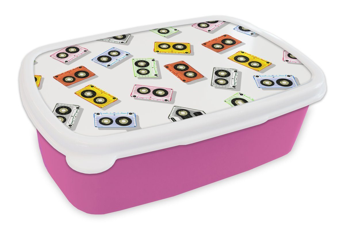 MuchoWow Lunchbox Heranwachsende - Kassette - Musik - Muster, Kunststoff, (2-tlg), Brotbox für Erwachsene, Brotdose Kinder, Snackbox, Mädchen, Kunststoff rosa