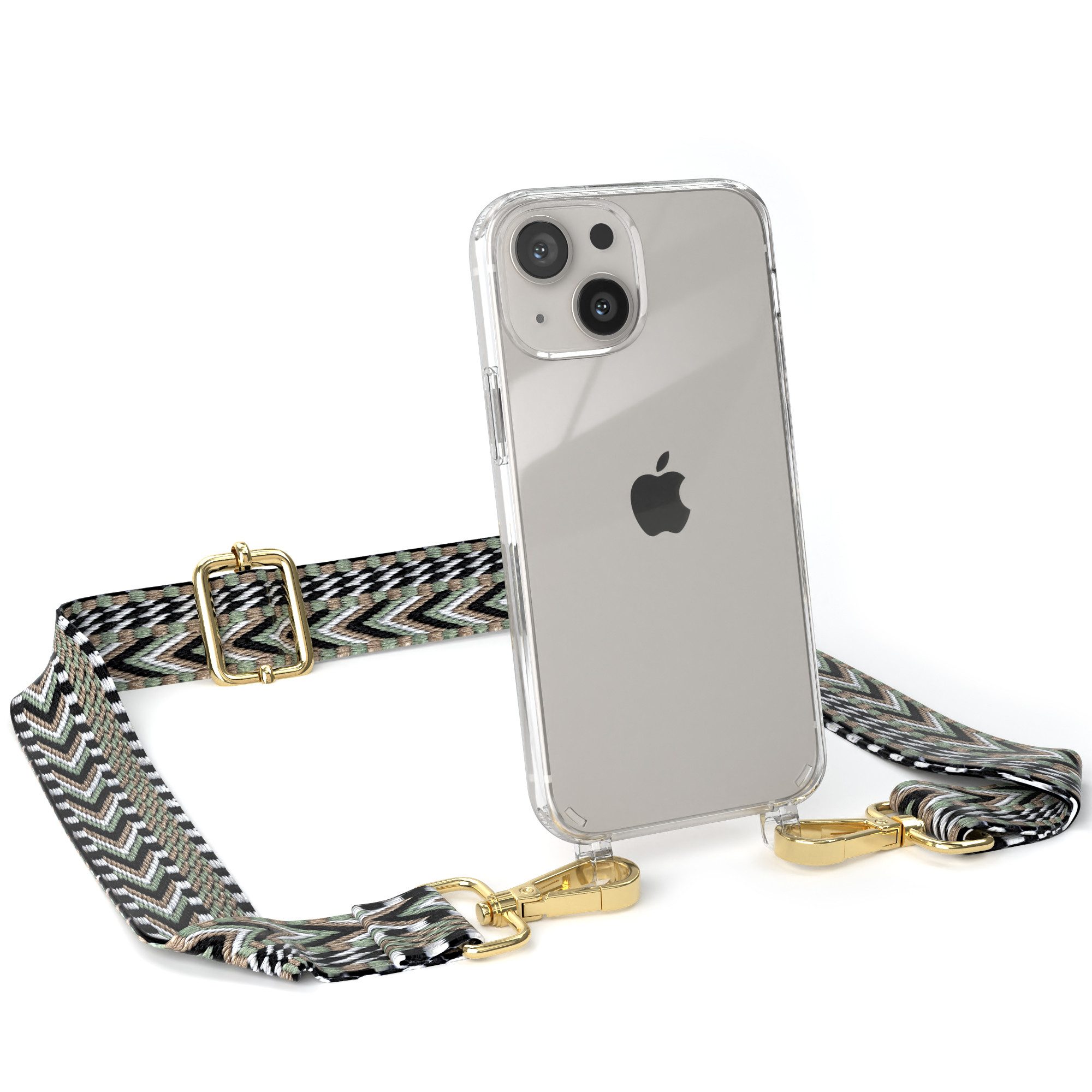 EAZY CASE Handykette Boho Umhängeband für Apple iPhone 13 Mini 5,4 Zoll, Body Bag Riemchen Wechselband Ersatzgurt klare Hülle Silicon Case Grün