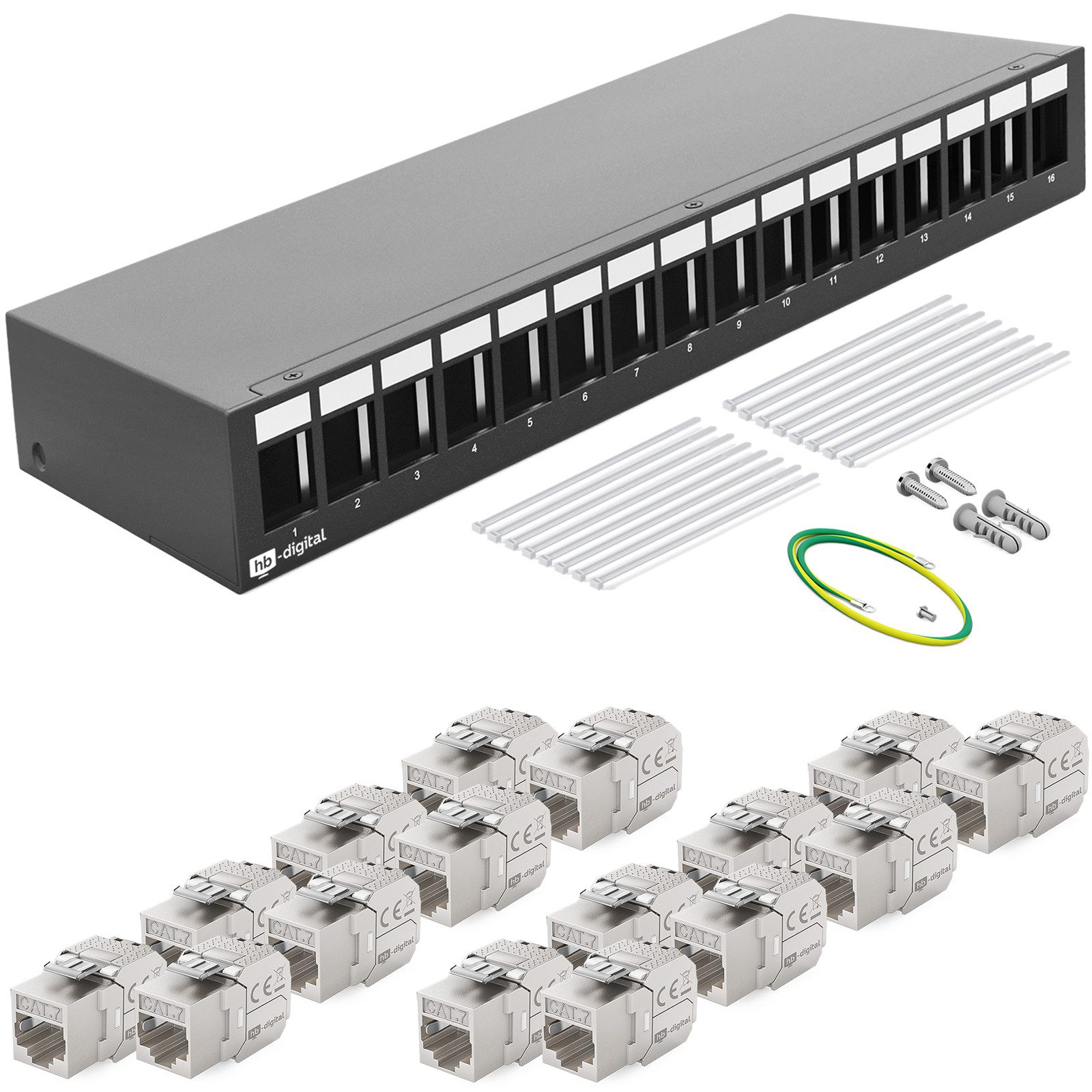 HB-DIGITAL Patch Panel 16 Port mit 16x Keystone Cat 7 Netzwerk schwarz Netzwerk-Panel (16 Port CAT 7, 1 HE, mit Cat 7 Keystone Modul RJ45)