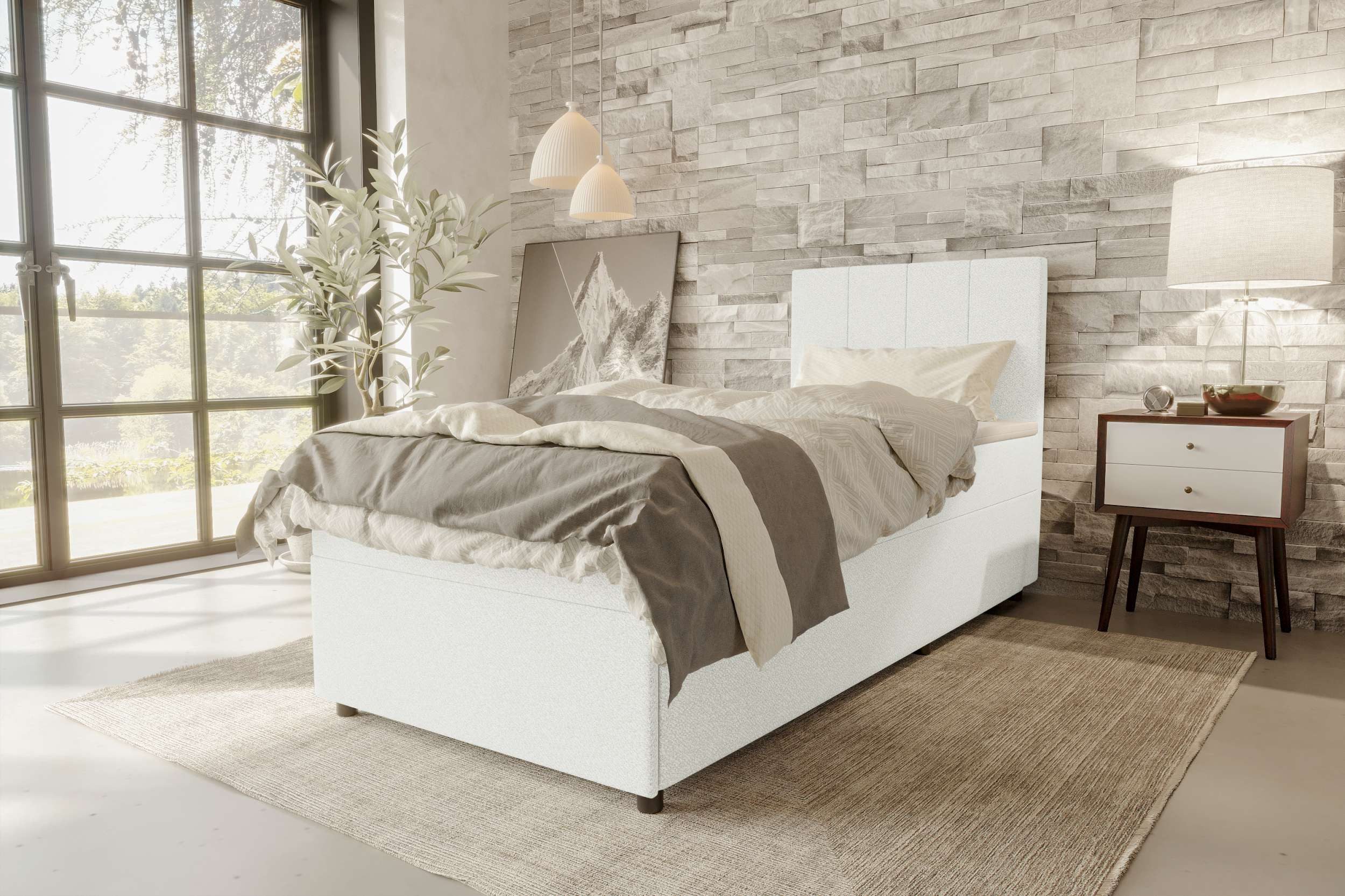 99rooms Boxspringbett Kira Mini (Schlafzimmerbett, Bett), 90/120x200 cm, in Strukturstoff NEVE, Topper, Stauraum als Frontauszug