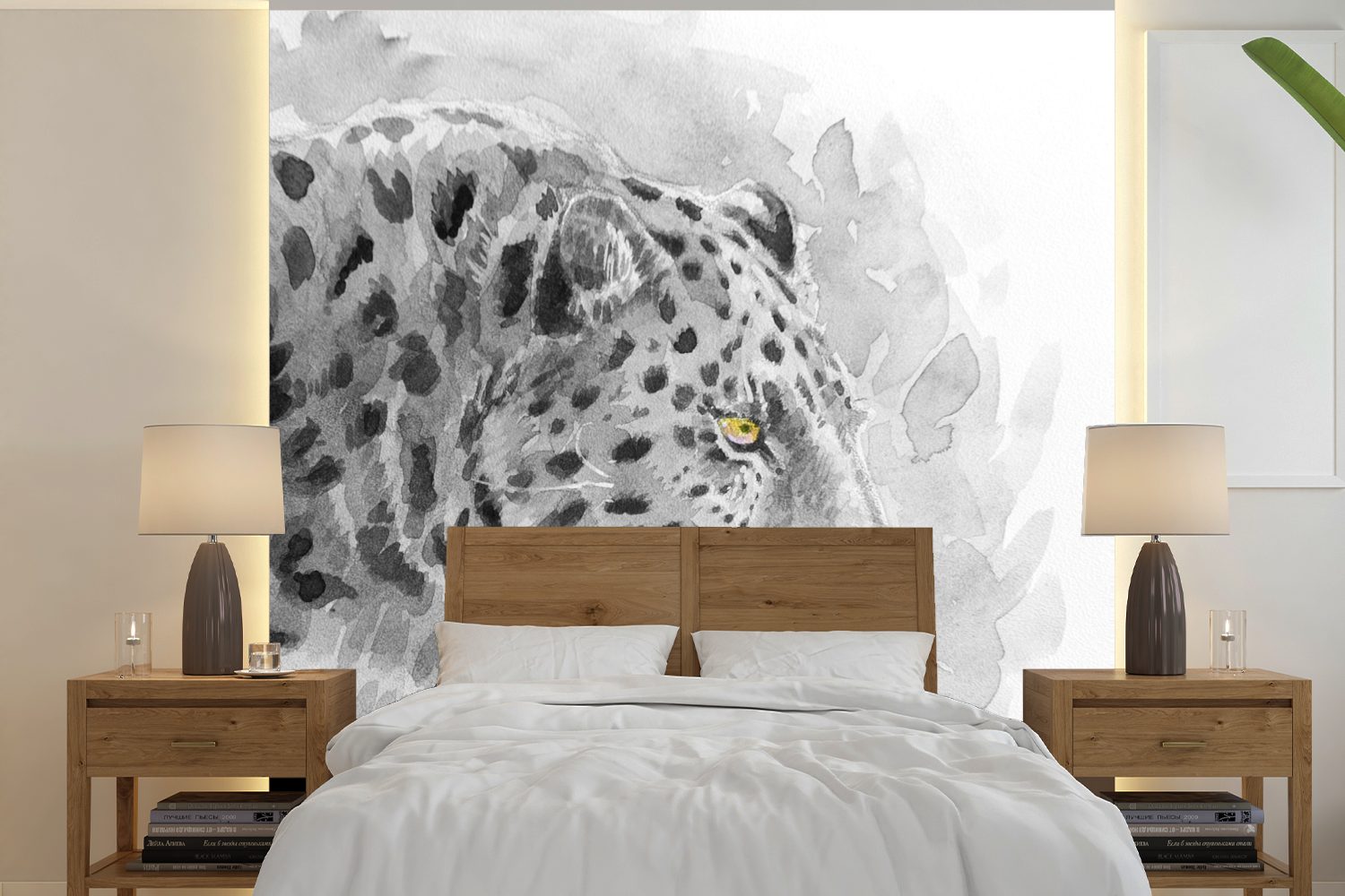 Wohnzimmer Wandtapete Gelb - - für Leopard Fototapete Tapete Matt, Schlafzimmer, St), bedruckt, Aquarell, oder Vinyl (5 MuchoWow