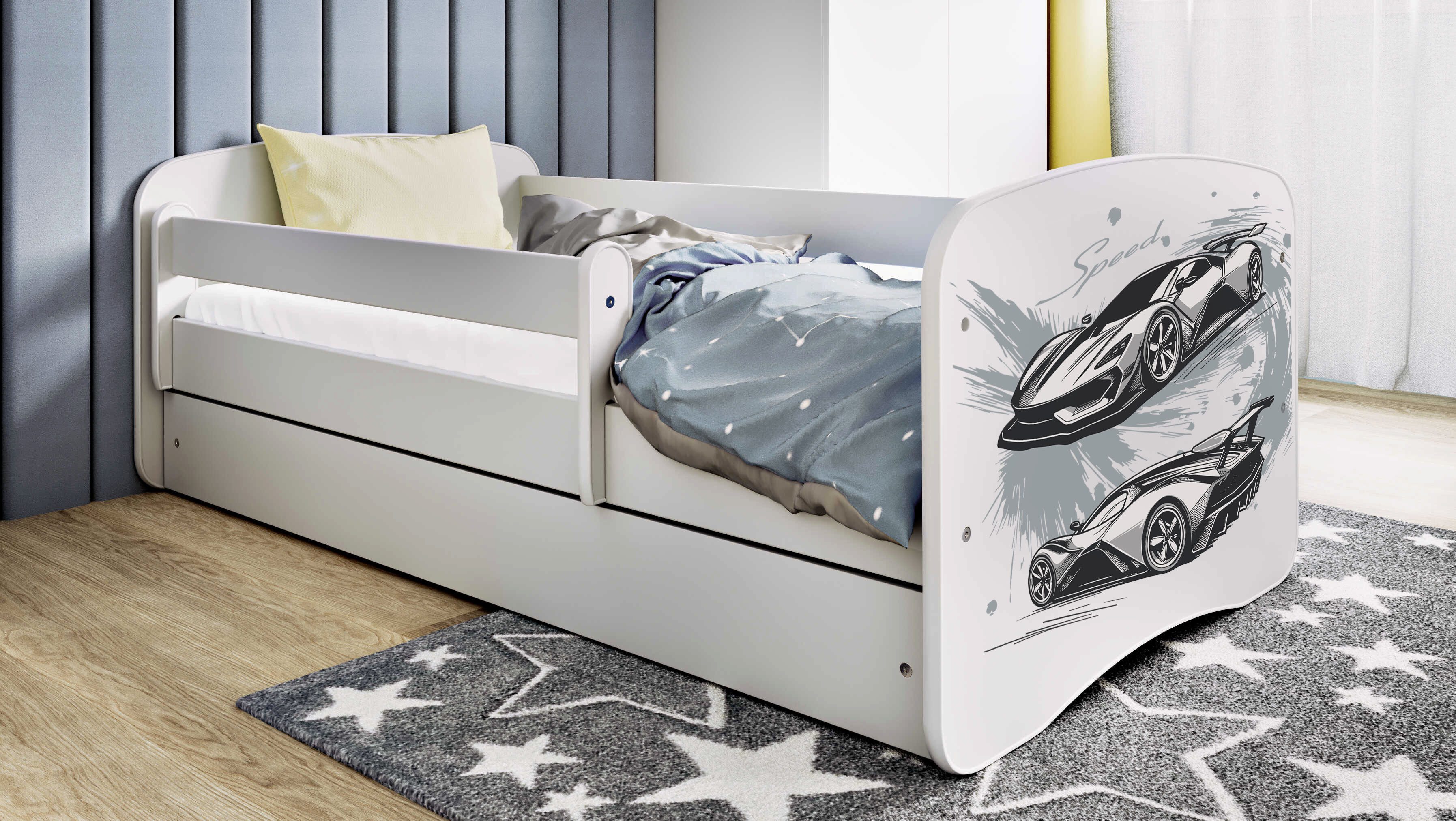 Raumhirsch Furniture Kinderbett 70x140, 80x160, 80x180 cm - Komplettset mit Matratze & Schublade (Bett für Jungs, Einzelbett für Kinder 2–12 Jahre mit Rausfallschutz), verschiedene Farben & Designs