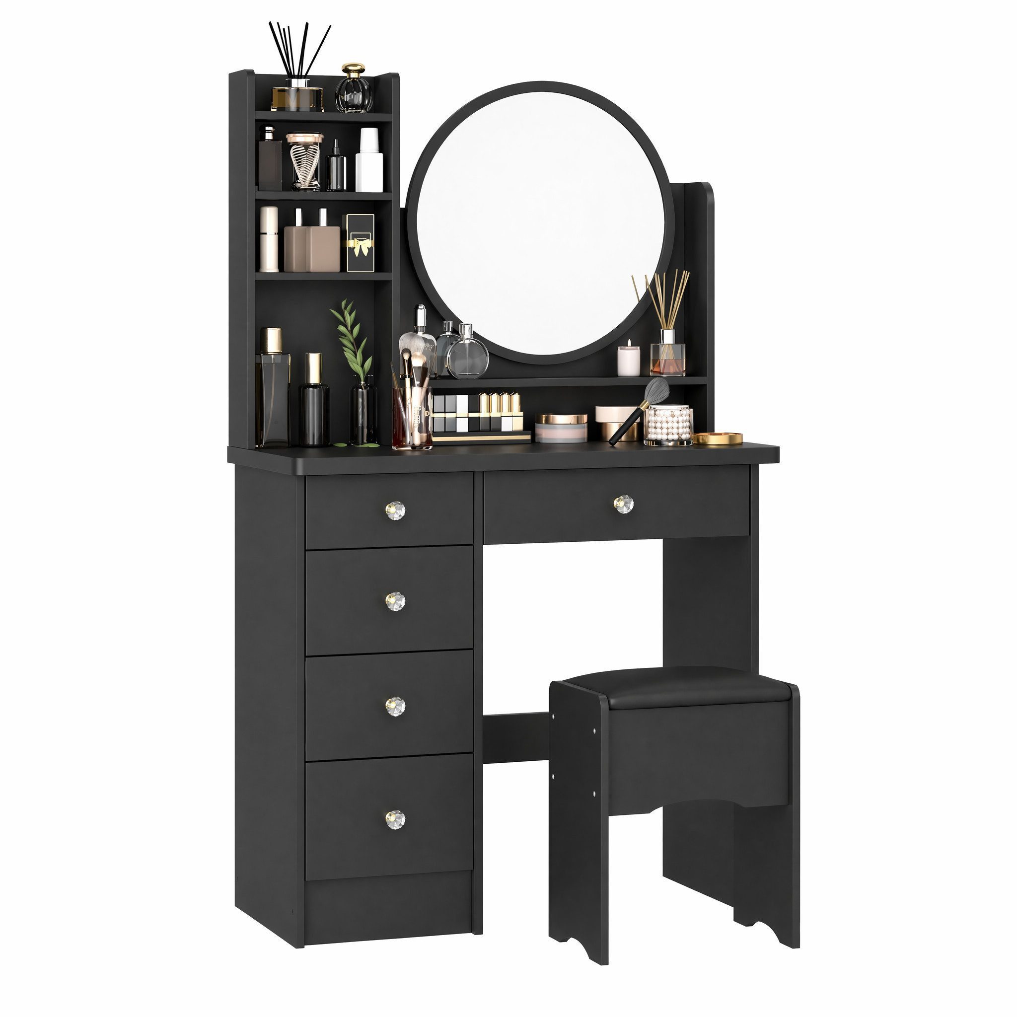 FUFU&GAGA Schminktisch mit LED und Hocker, 5 Schubladen, 80 cm