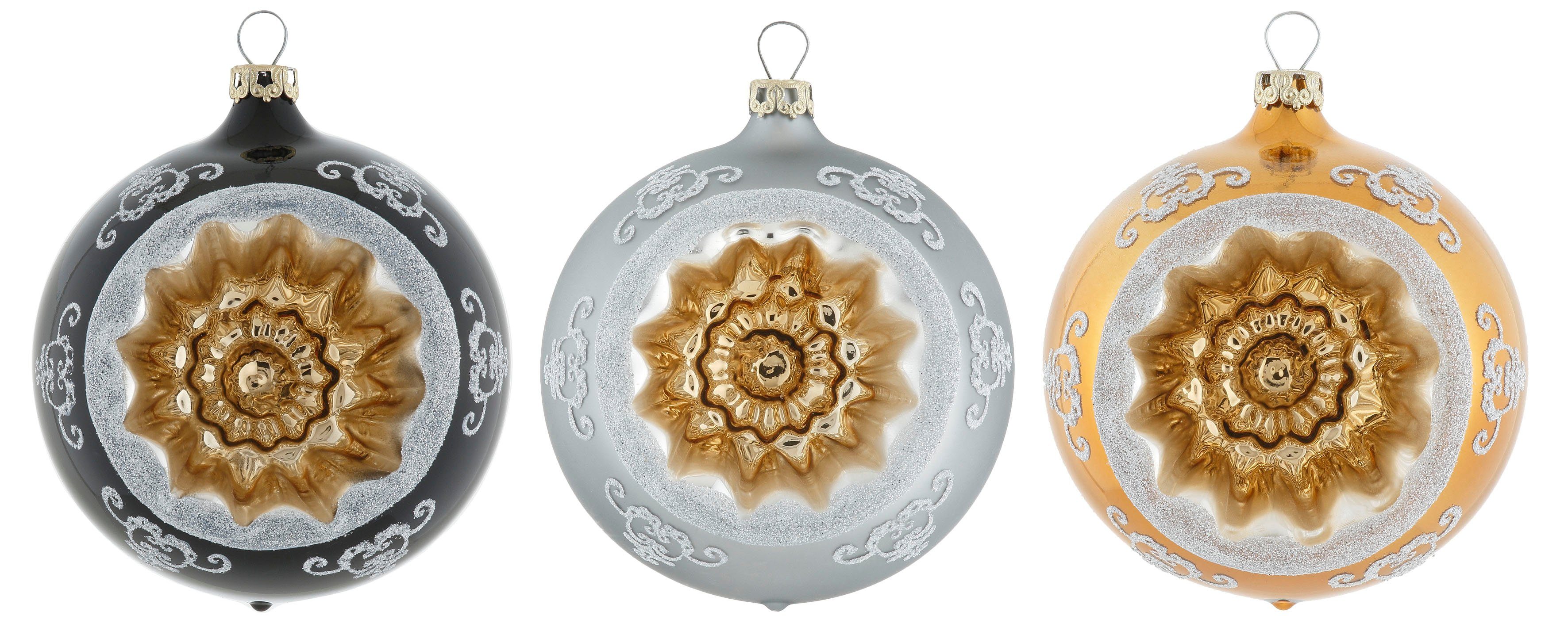 Refelexkugeln (3 Weihnachtsbaumkugel Thüringer St), Glas, Christbaumschmuck Black&White&Gold, Glasdesign aus Christbaumkugeln hochwertige Weihnachtsdeko,