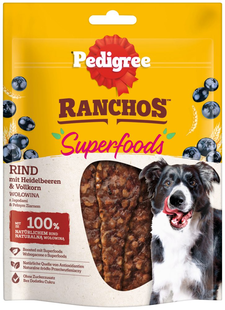 Pedigree PEDIGREE® RANCHOS™ Superfoods Rind mit Heidelbeeren & Vollkorn 70g, Snack für: Hund