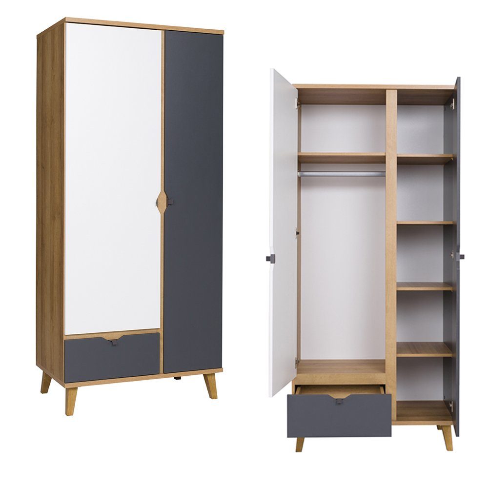 Lomadox Jugendzimmer-Set MARIBOR-132, (Sparset, 4-tlg), Kleiderschrank Eiche Kommode weiß Wandboard Schreibtisch graphit