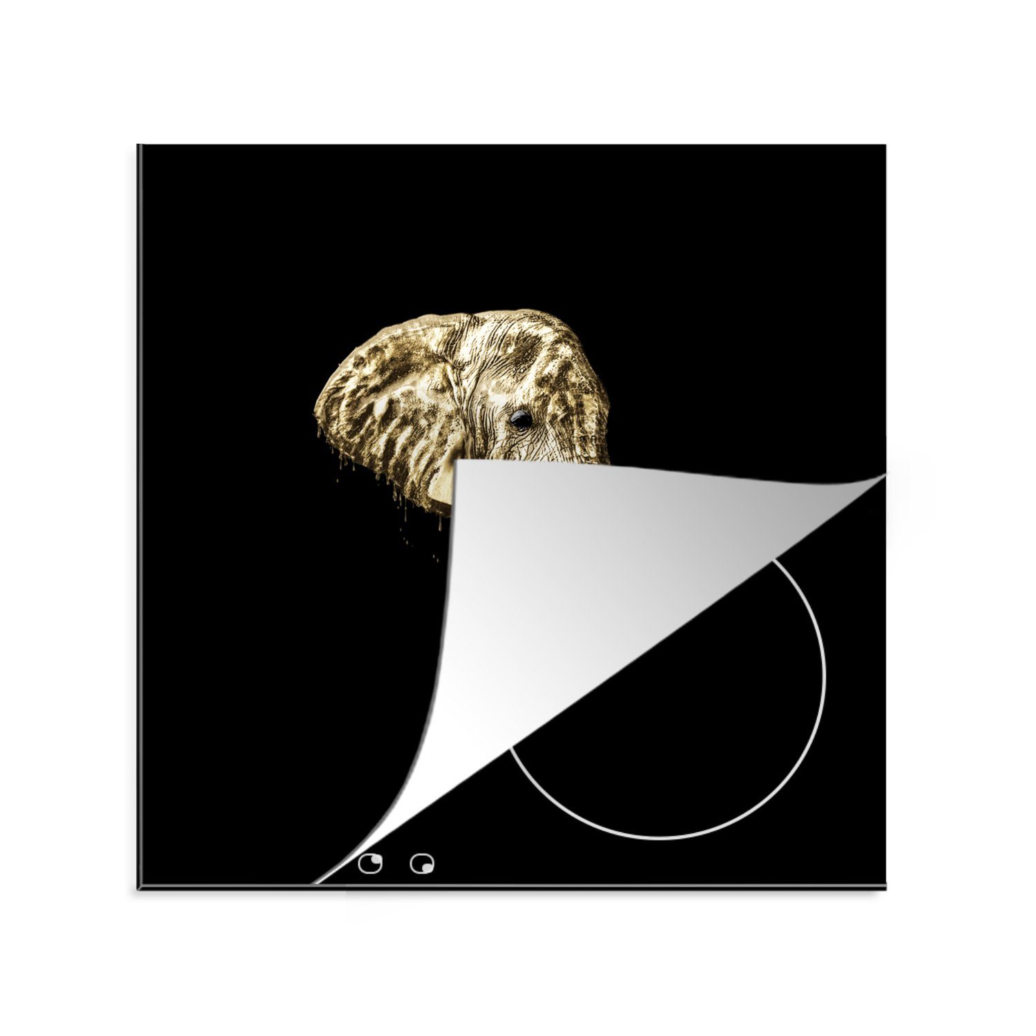 MuchoWow Herdblende-/Abdeckplatte Elefant - Gold - Zähne, Vinyl, (1 tlg), 78x78 cm, Ceranfeldabdeckung, Arbeitsplatte für küche