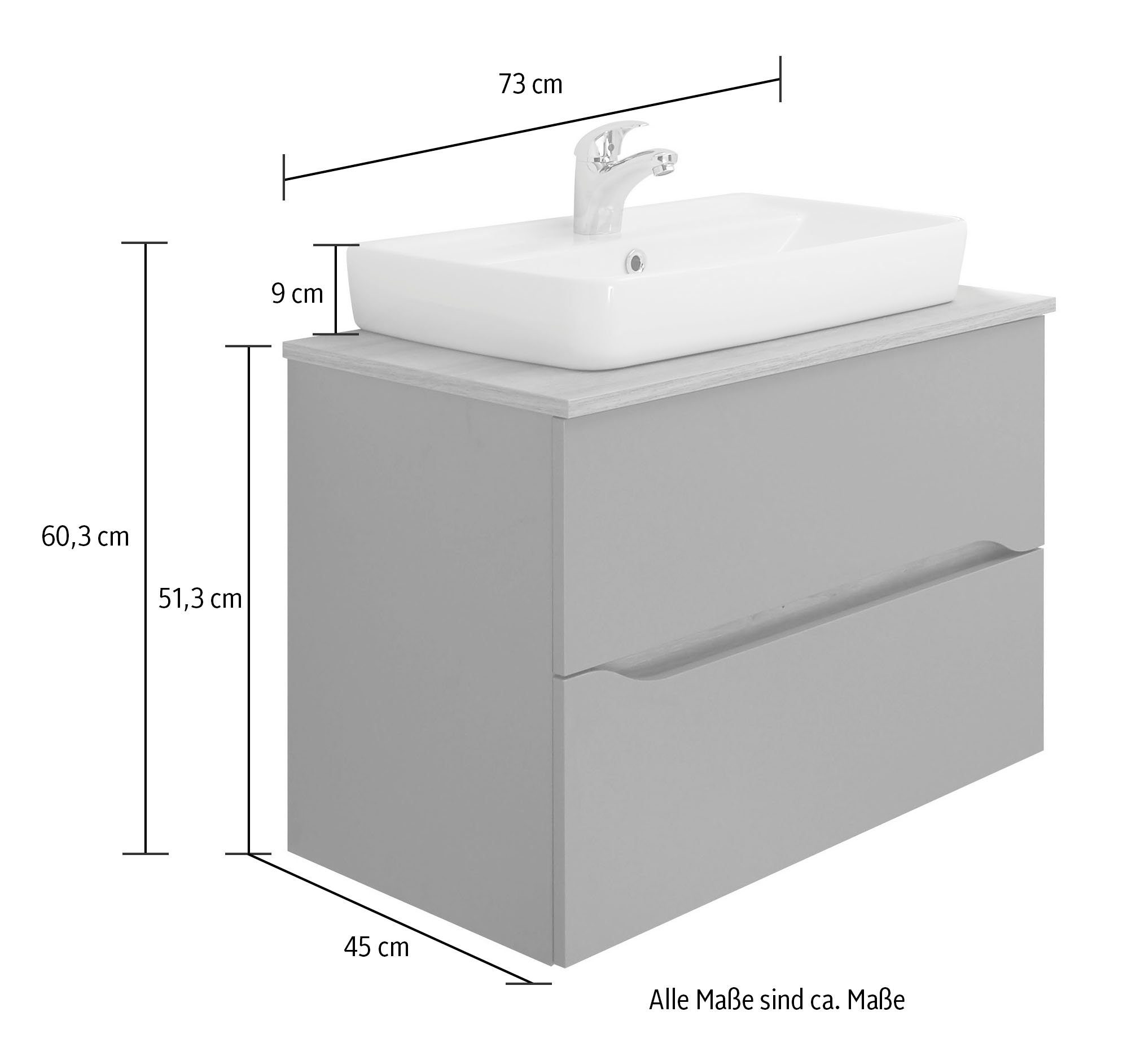 Saphir Badmöbel-Set Quickset 2-teilig, Keramik-Aufsatzbecken mit LED-Spiegel, (5-St), Waschplatz 73 cm breit, inkl. Türdämpfer, 2 Schubladen