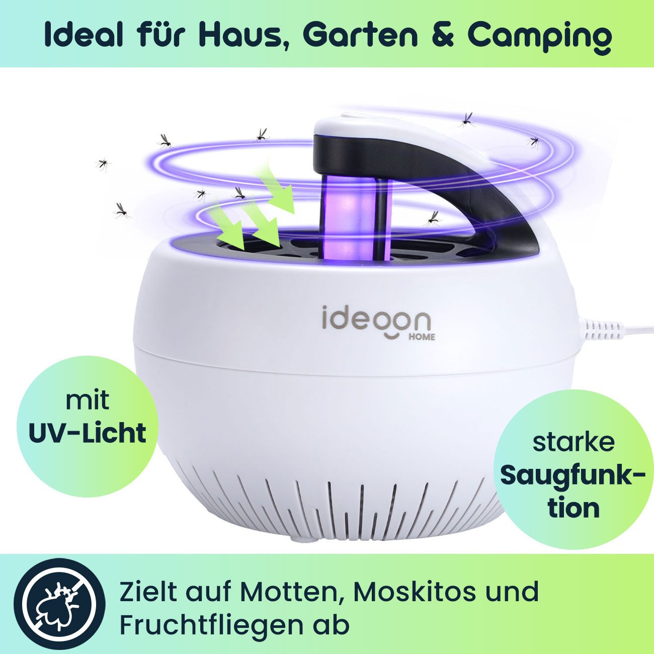 shop'n smile ideoon Insektenfalle Insektenfänger 5W mit UV-Licht & Luftstrom USB geräuschlos Mückenfalle, UV Insektenfänger mit Ansaugung, 5W, geruchsfrei, USB, Ø17,1x15,2 cm