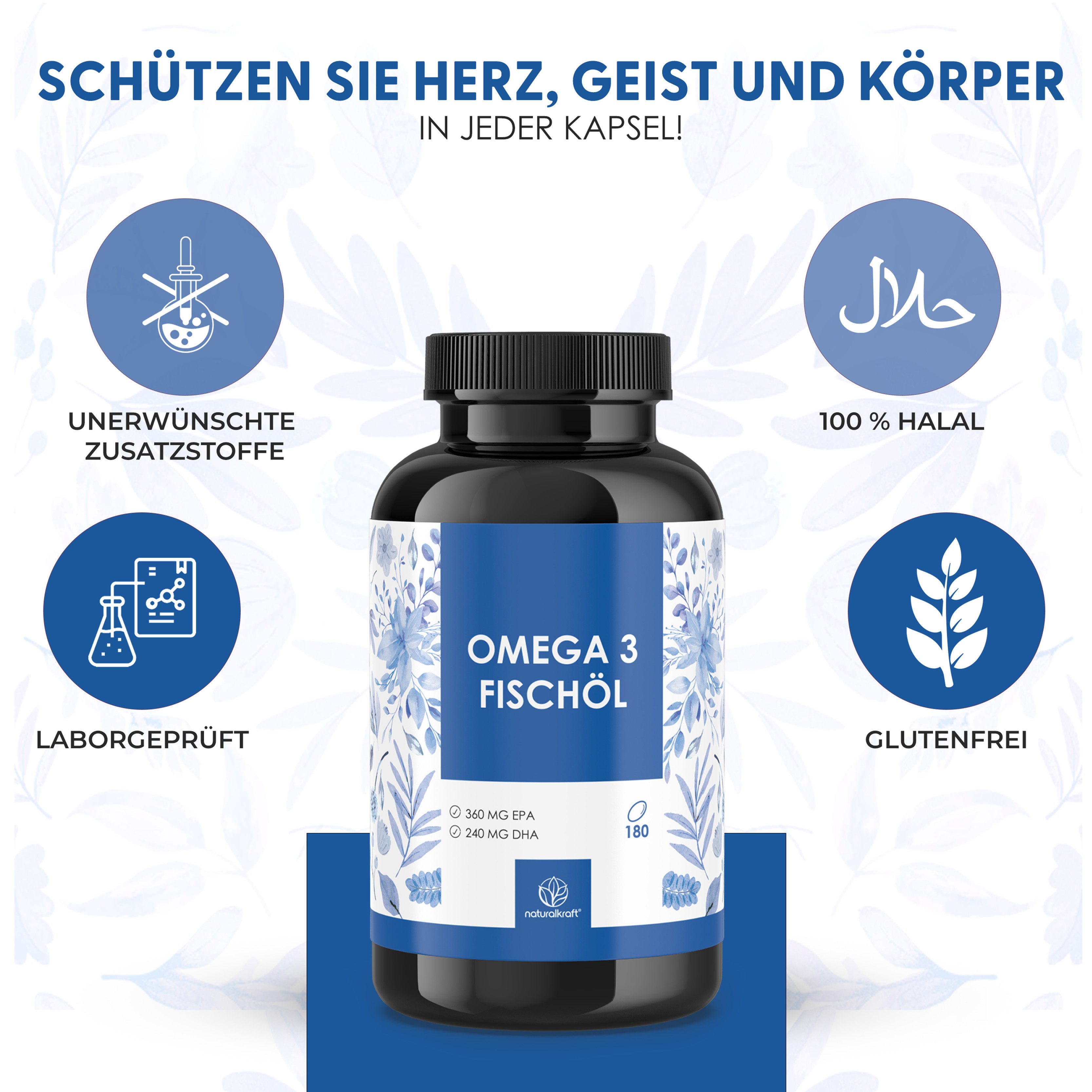 Naturalkraft Omega 3 Fischöl 2000 mg – 180 Kapseln, hochdosiert & geprüft Weichkapseln, 234 g