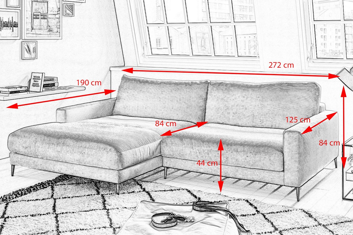 Recamiere Sofa links KAWOLA rechts, hellgrau Farben CARA, Cord, versch. od. Ecksofa