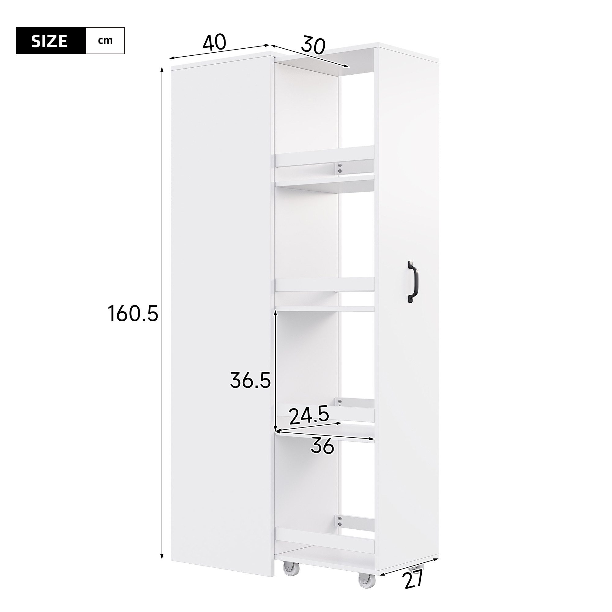 Flieks Bücherregal multifunktionaler Hochschrank Speicherregal 4 Ebenen mit Rollen, 1-tlg., schmal Mehrzweckschrank Highboard mit 4-stufiges Schubladen Weiß – Bild 4 von 5